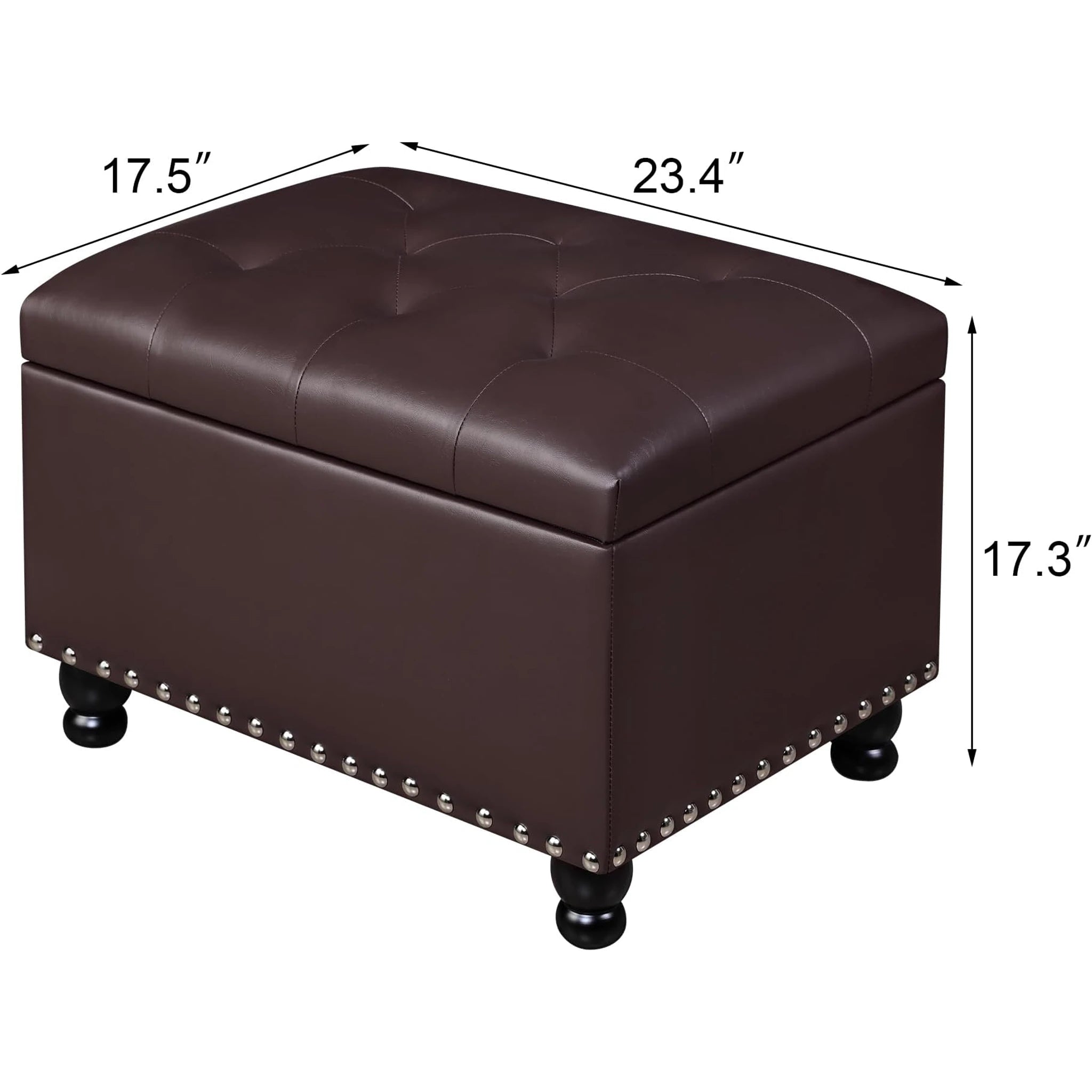 Adeco Matte Dark Brown Faux Leather Storage Ottoman – dimensions chart