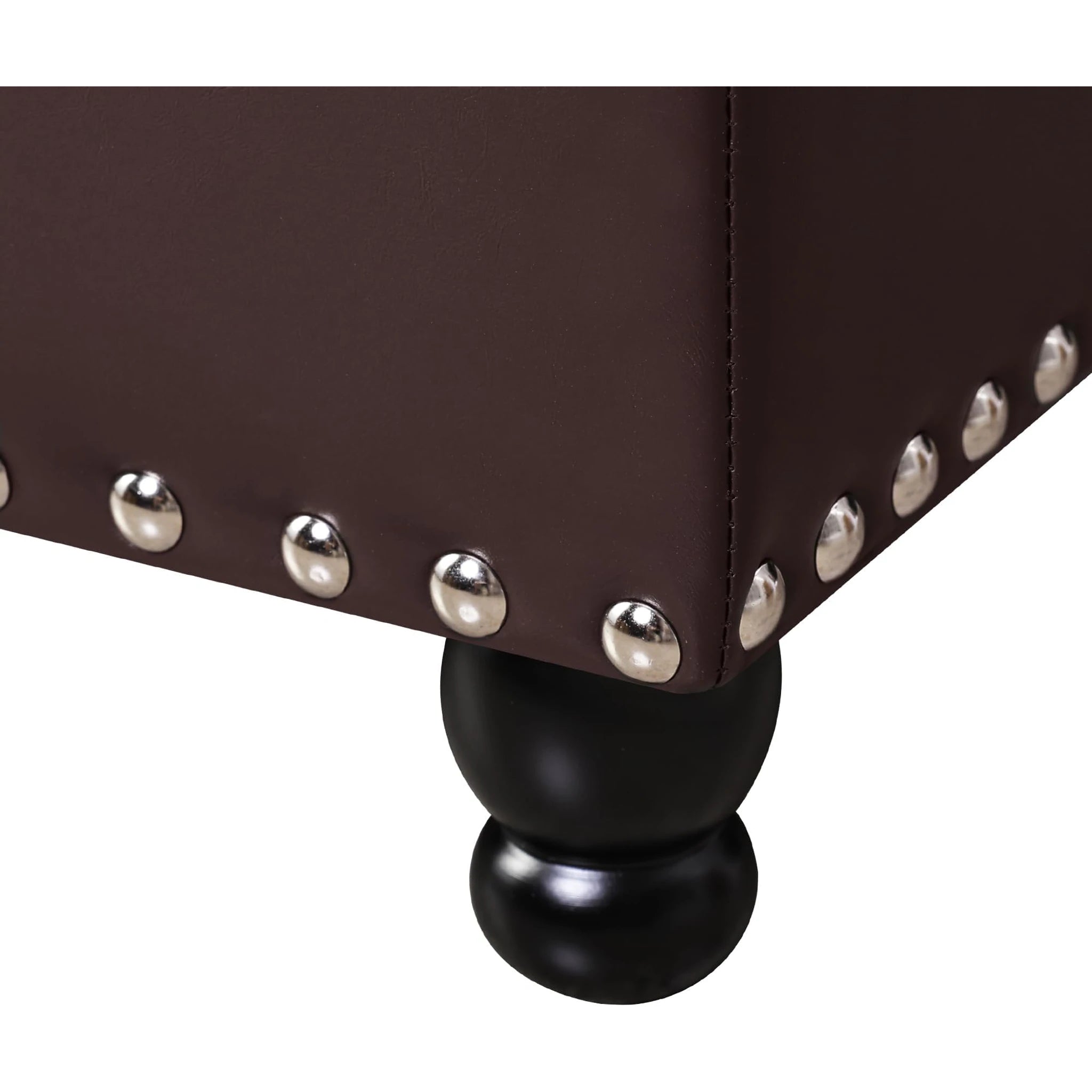 Adeco Matte Dark Brown Faux Leather Storage Ottoman – detail and materials view