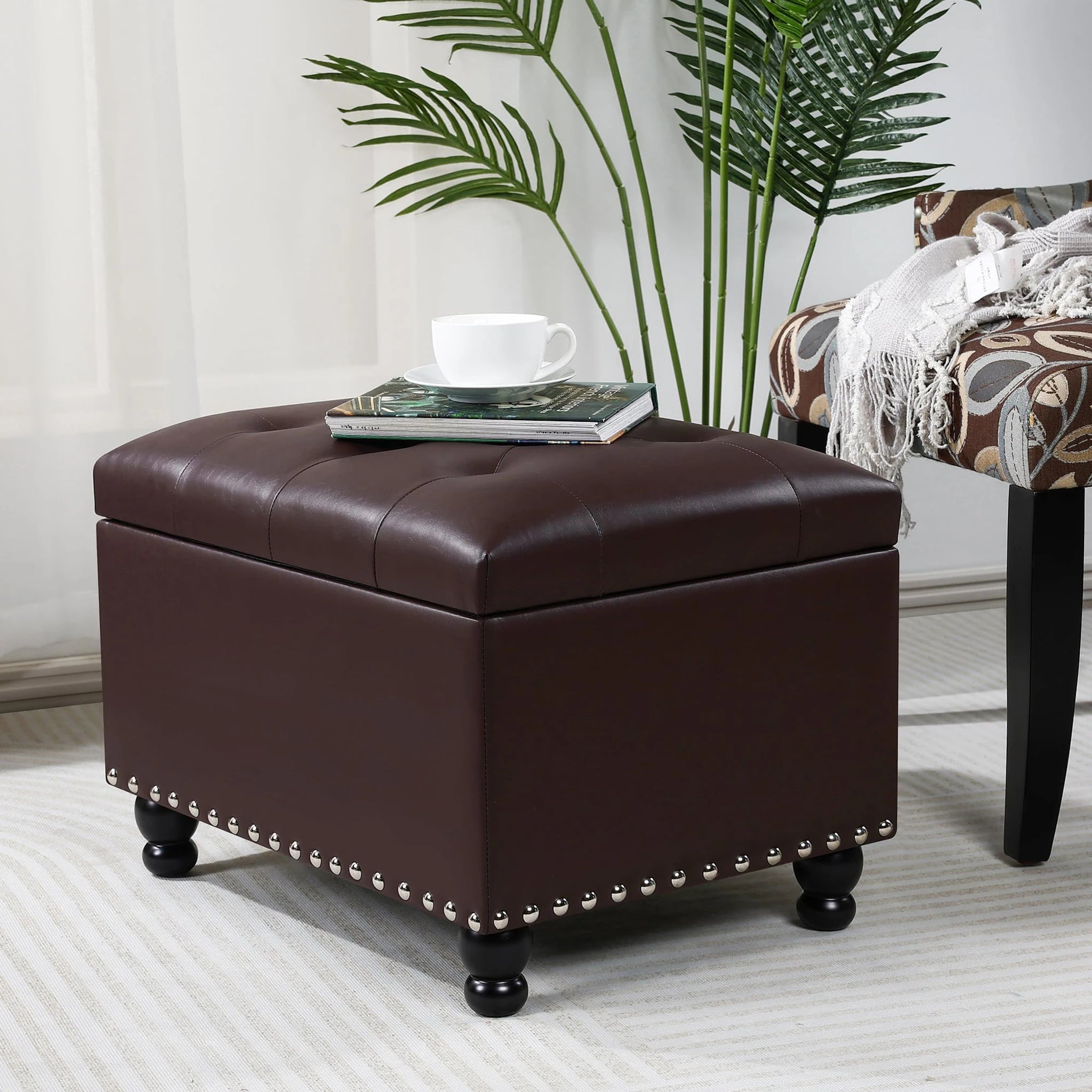 Adeco Matte Dark Brown Faux Leather Storage Ottoman – lifestyle room view