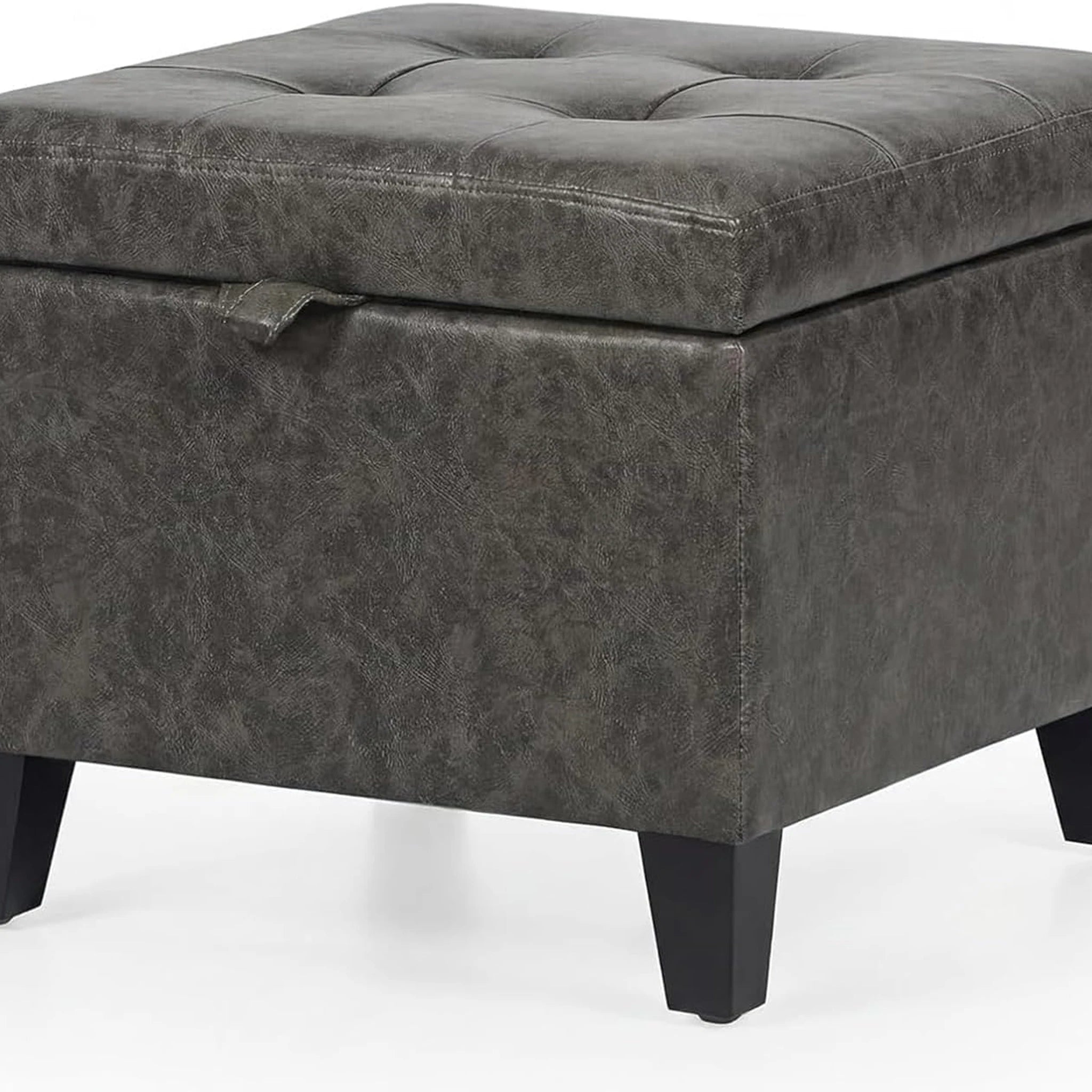 Adeco Mixed Grey With Wood Legs Faux Leather Square Storage Ottoman – styled home scene