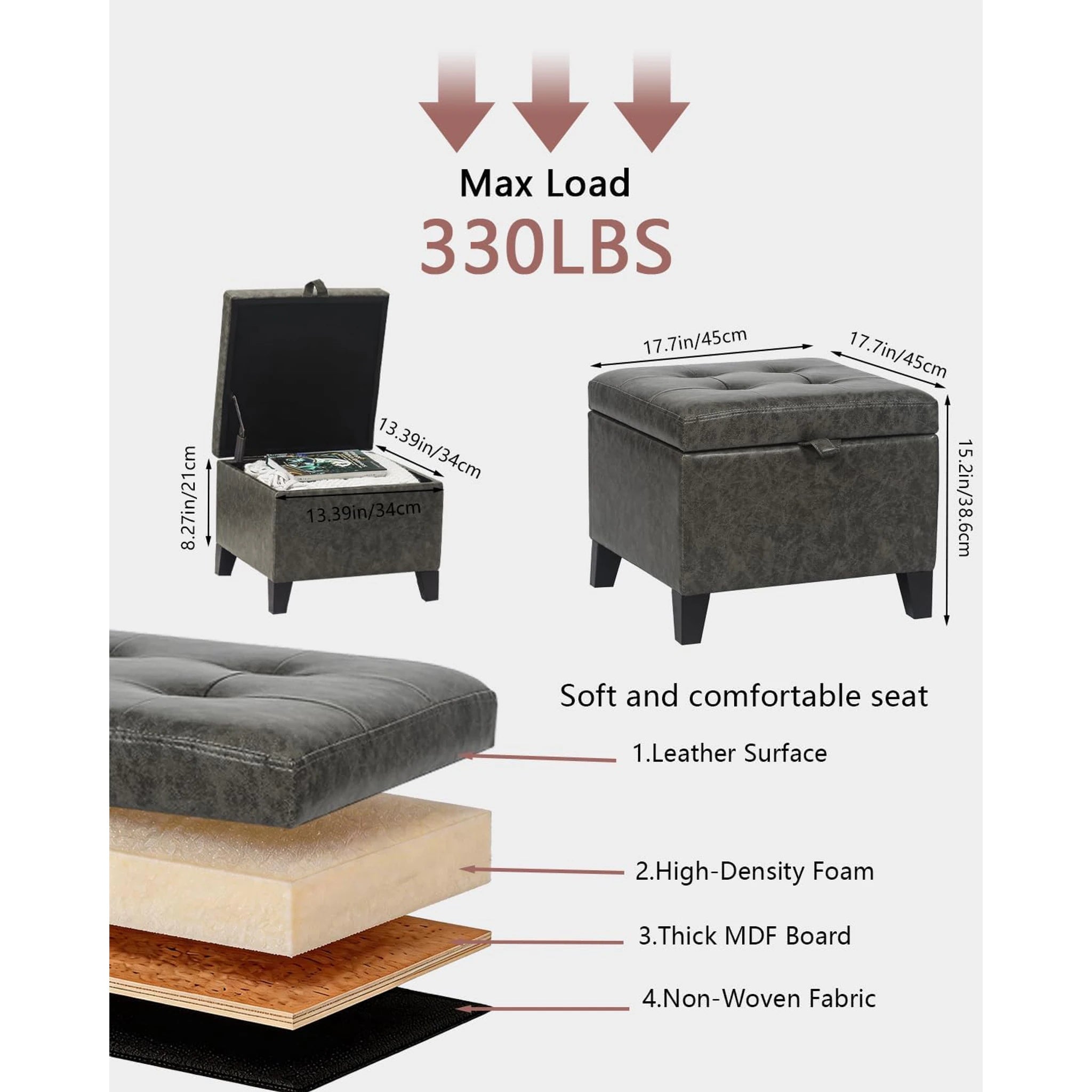 Adeco Mixed Grey With Wood Legs Faux Leather Square Storage Ottoman – dimensions chart