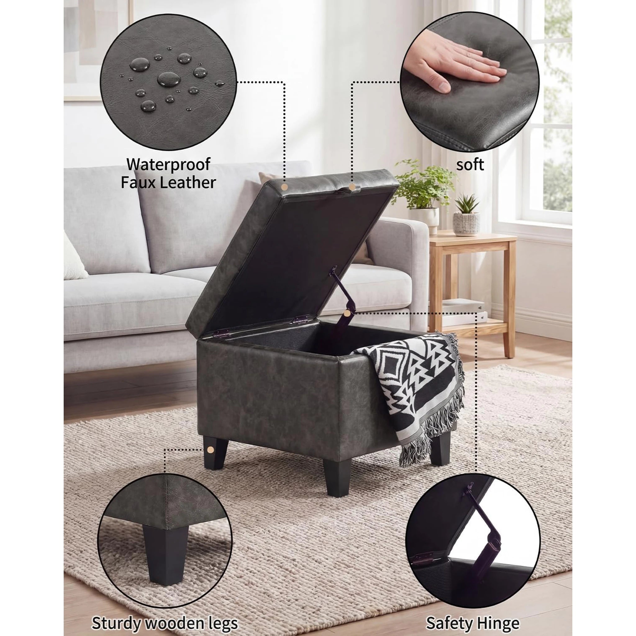 Adeco Mixed Grey With Wood Legs Faux Leather Square Storage Ottoman – detail and materials view