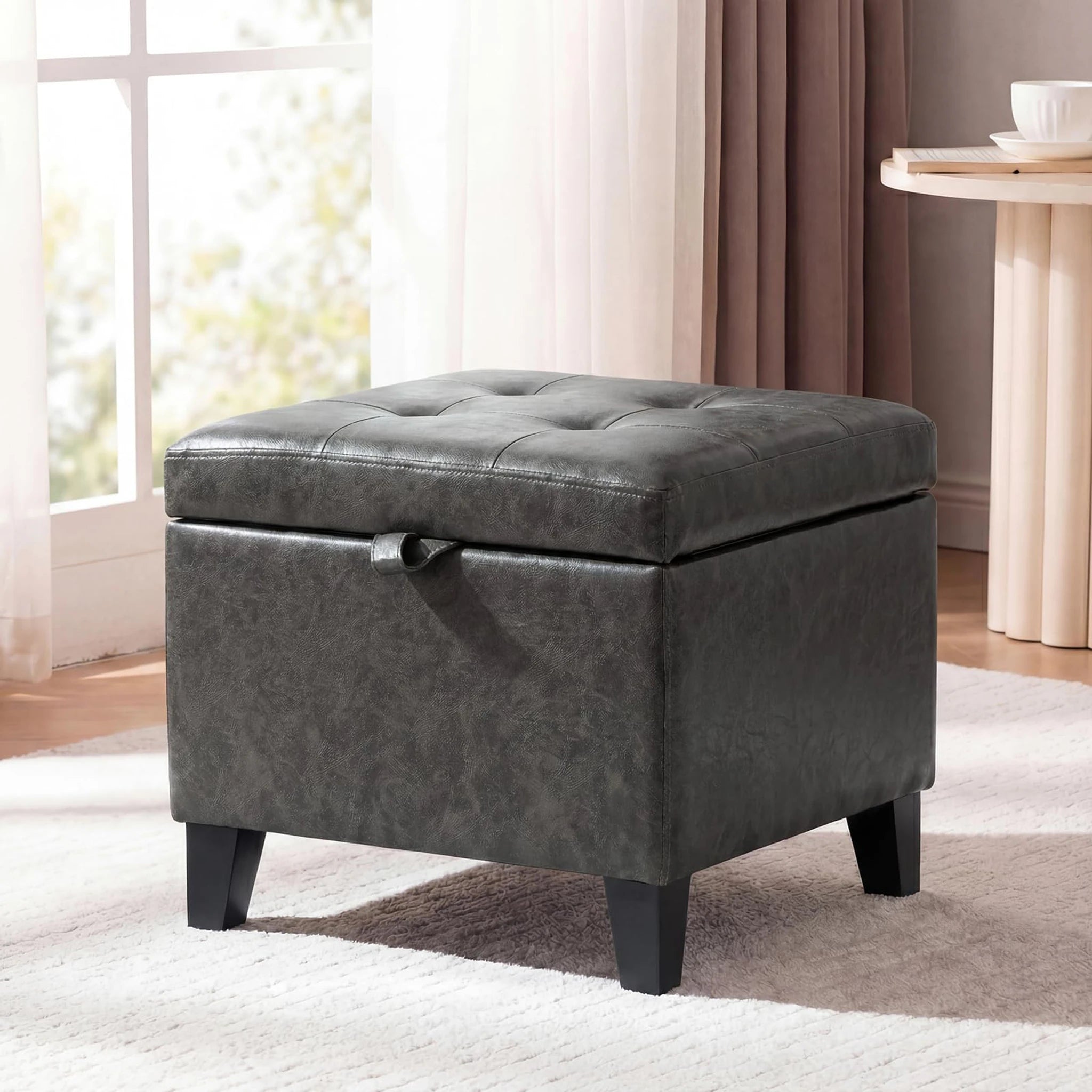 Adeco Mixed Grey With Wood Legs Faux Leather Square Storage Ottoman – lifestyle room view
