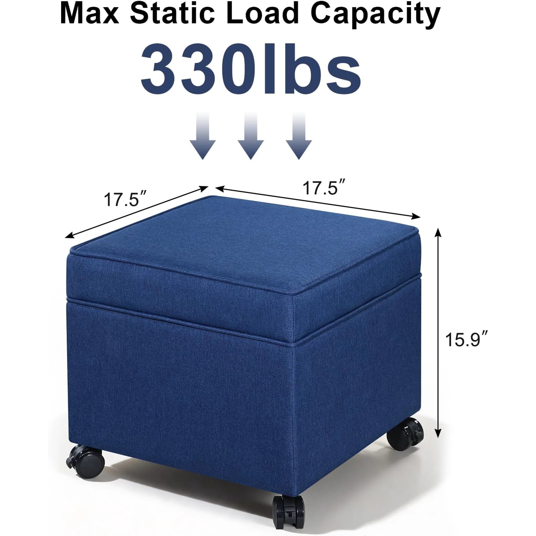 Adeco Navy Blue Fabric Square Storage Ottoman – dimensions chart