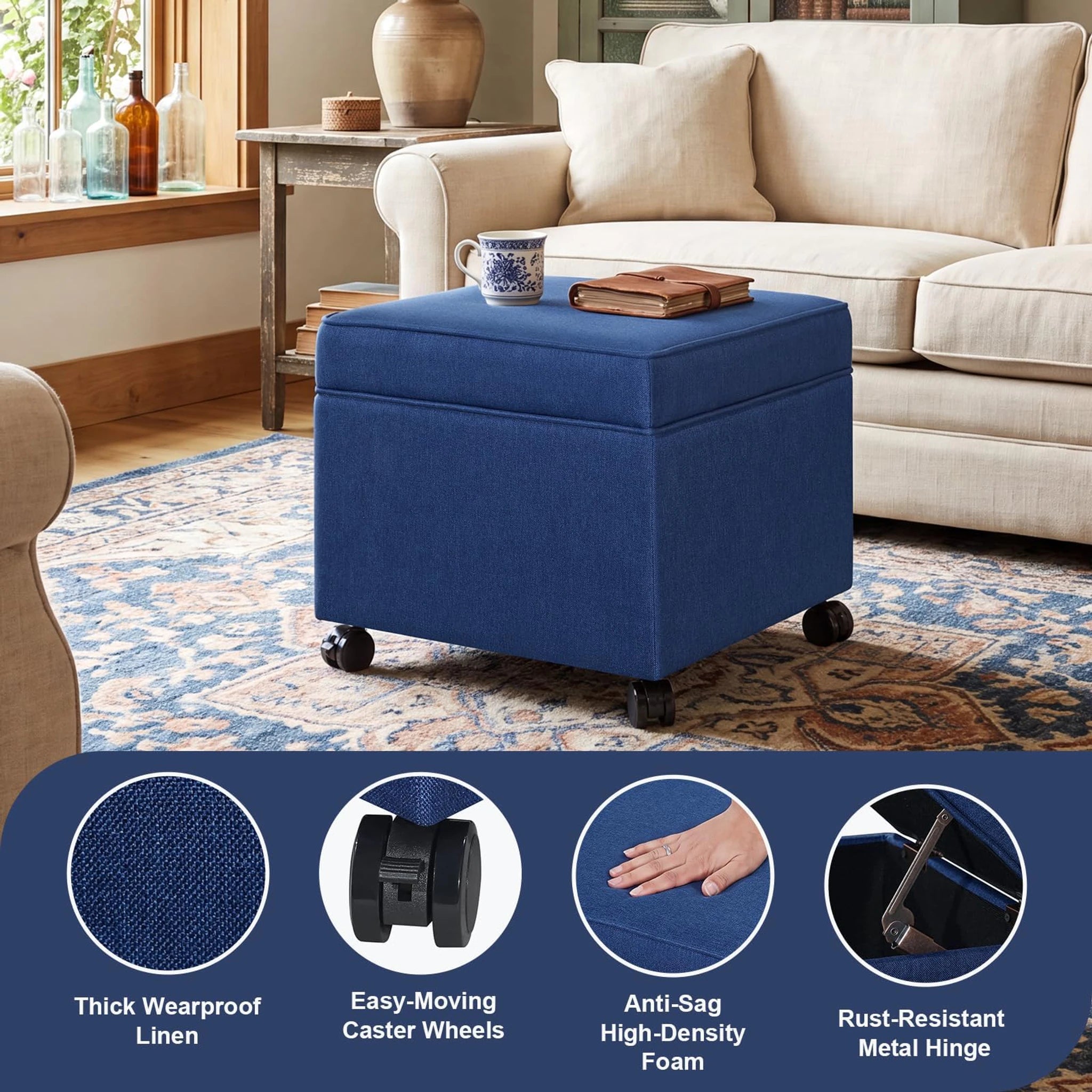 Adeco Navy Blue Fabric Square Storage Ottoman – detail and materials view