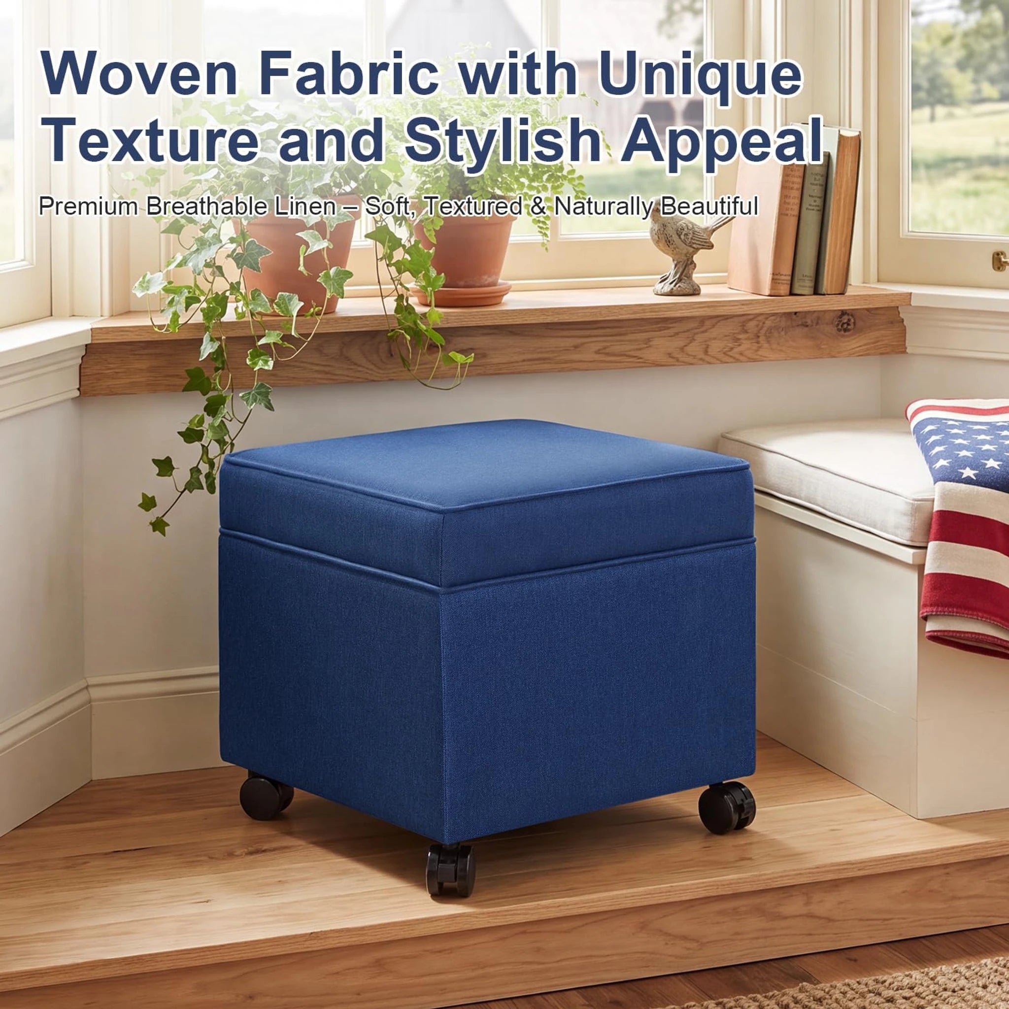 Adeco Navy Blue Fabric Square Storage Ottoman – lifestyle room view