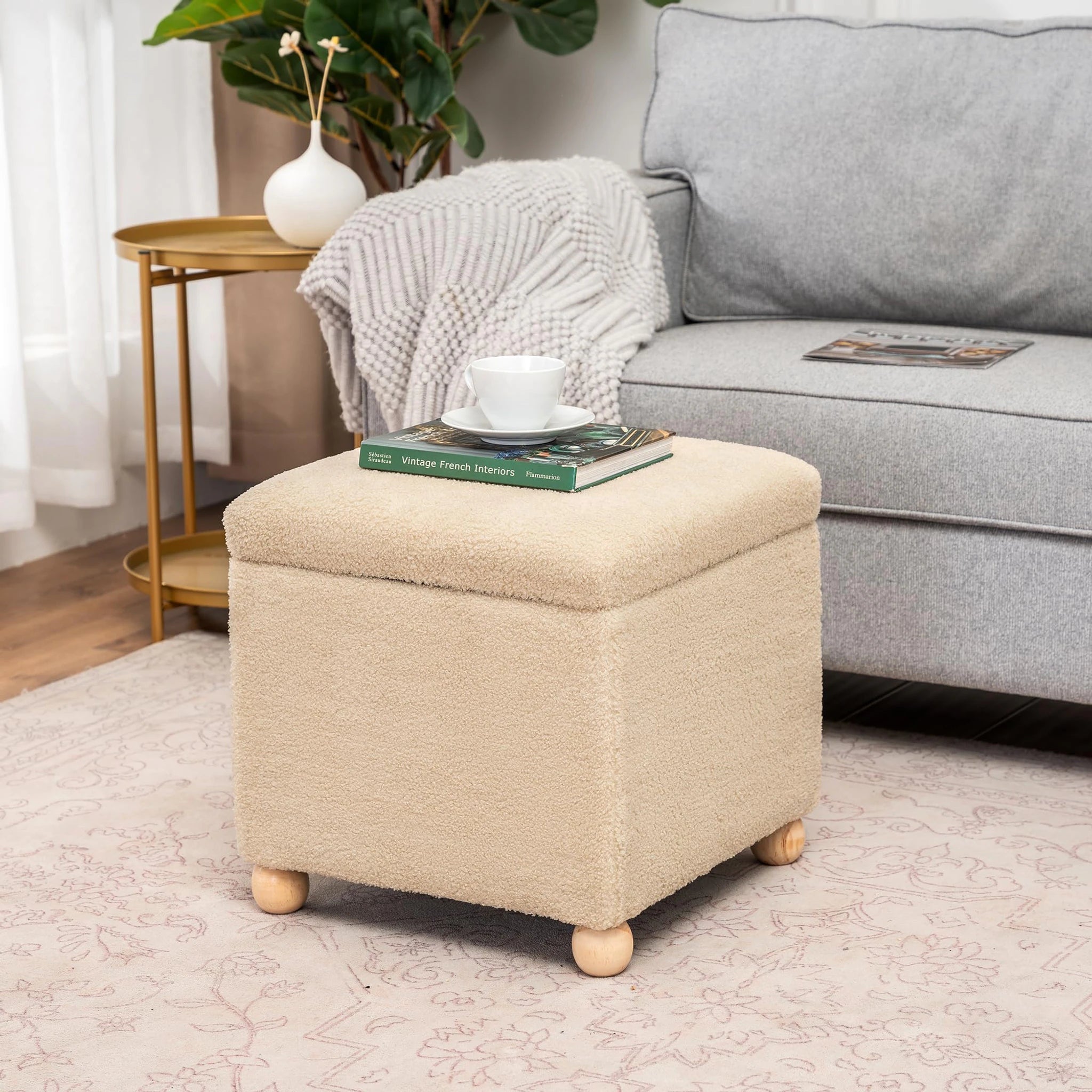 Adeco Oatmeal Fabric Square Storage Ottoman – styled home scene