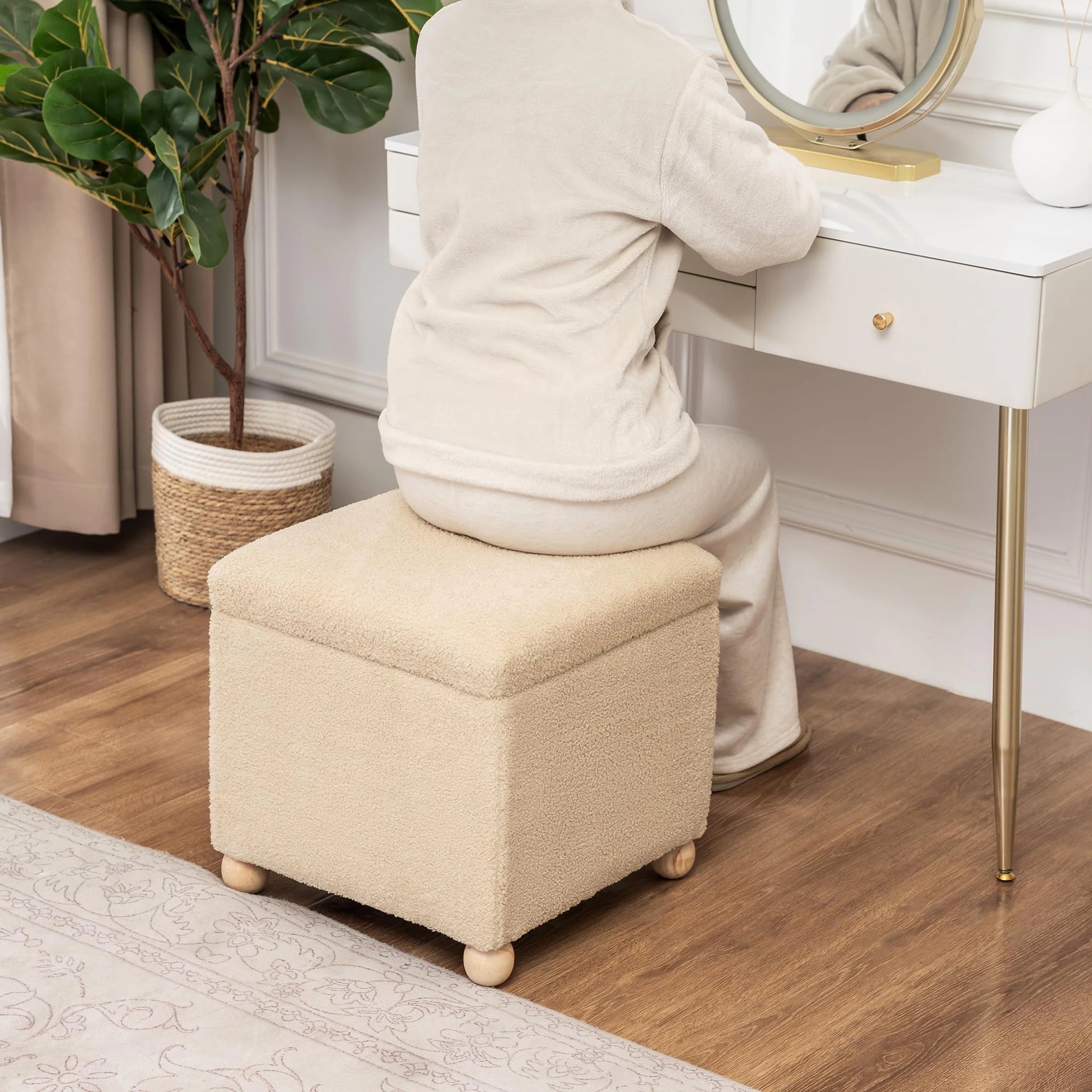 Adeco Oatmeal Fabric Square Storage Ottoman – lifestyle room view