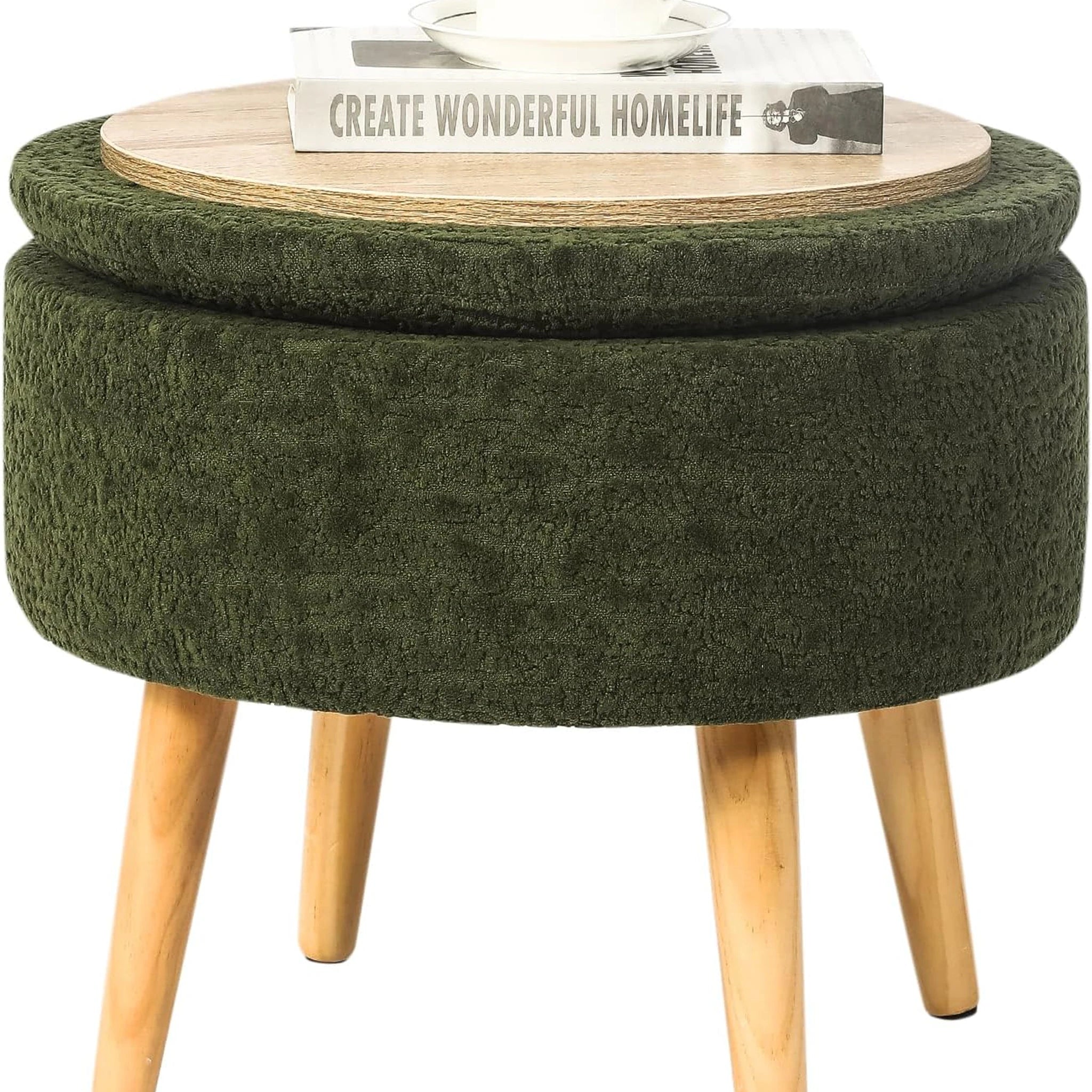 Adeco Olive Green Tray-Top Velvet Round Storage Ottoman – styled home scene
