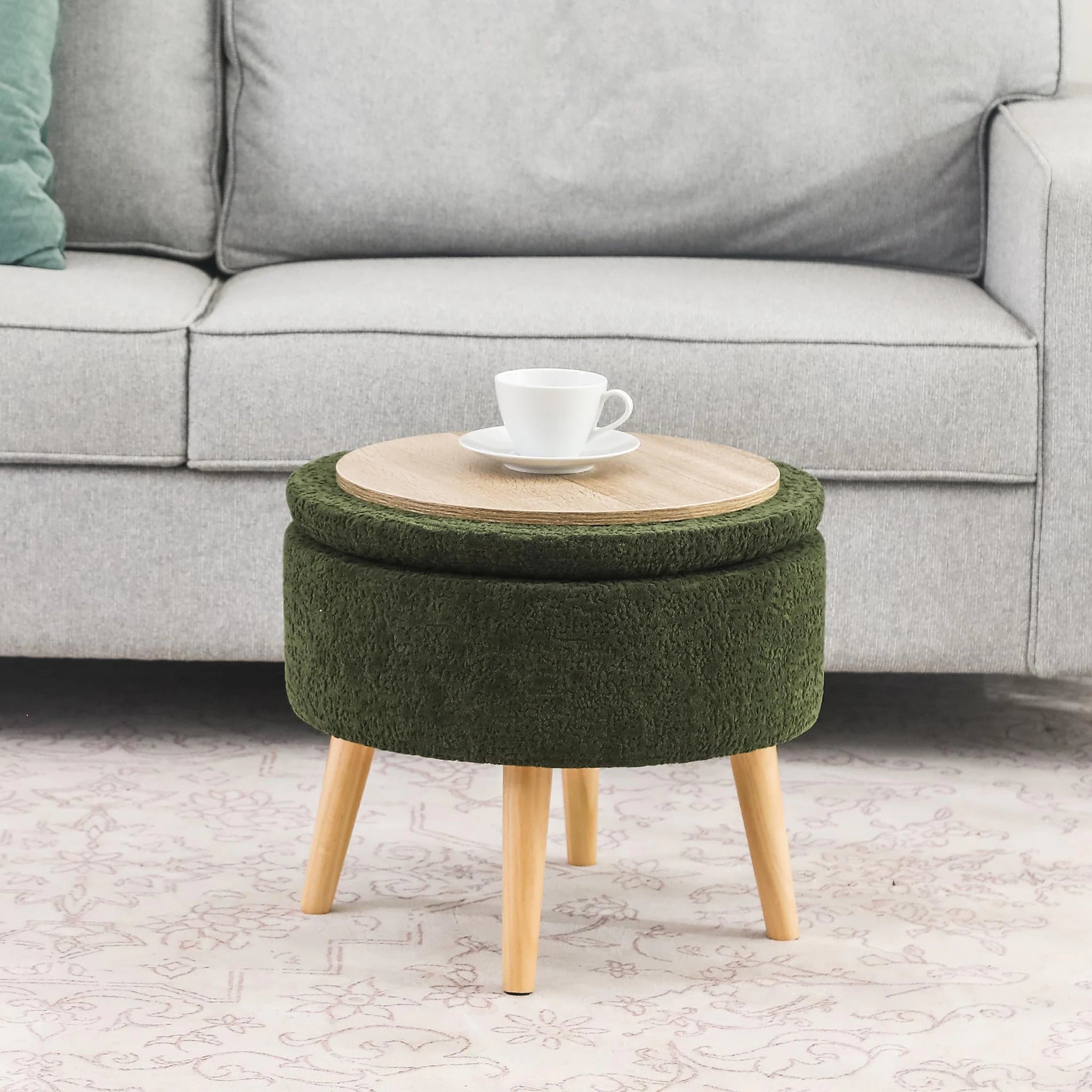 Adeco Olive Green Tray-Top Velvet Round Storage Ottoman – lifestyle room view