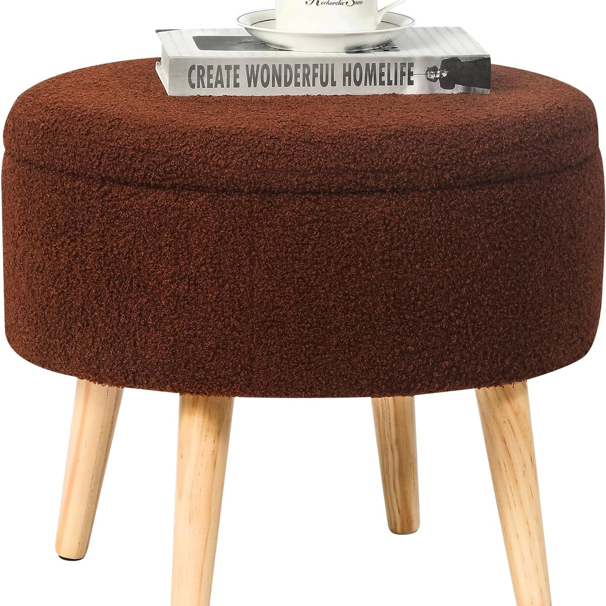 Adeco Red Brown Tray-Top Velvet Round Storage Ottoman – styled home scene