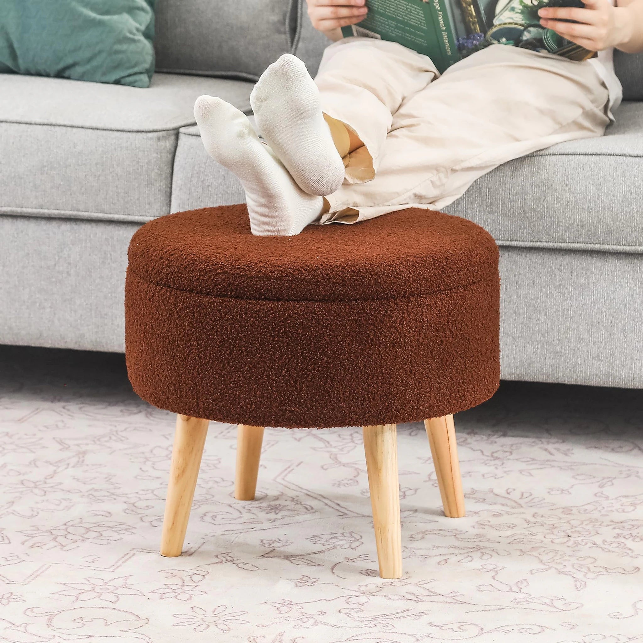 Adeco Red Brown Tray-Top Velvet Round Storage Ottoman – lifestyle room view