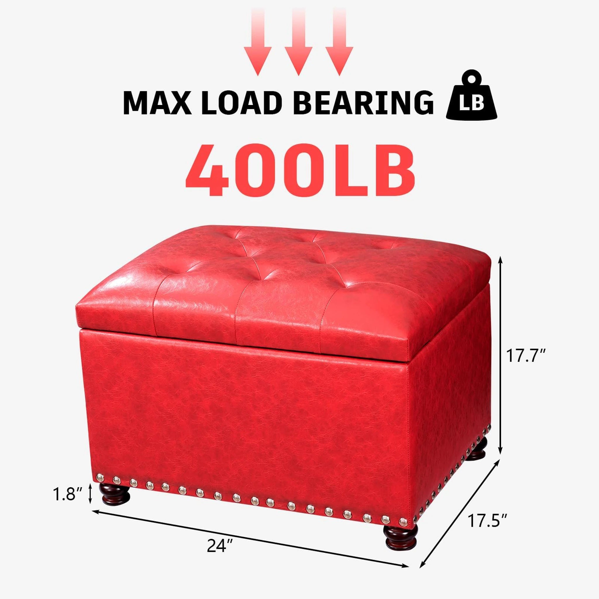 Adeco Red Pu Lift-Top Tufted Faux Leather Storage Ottoman – dimensions chart