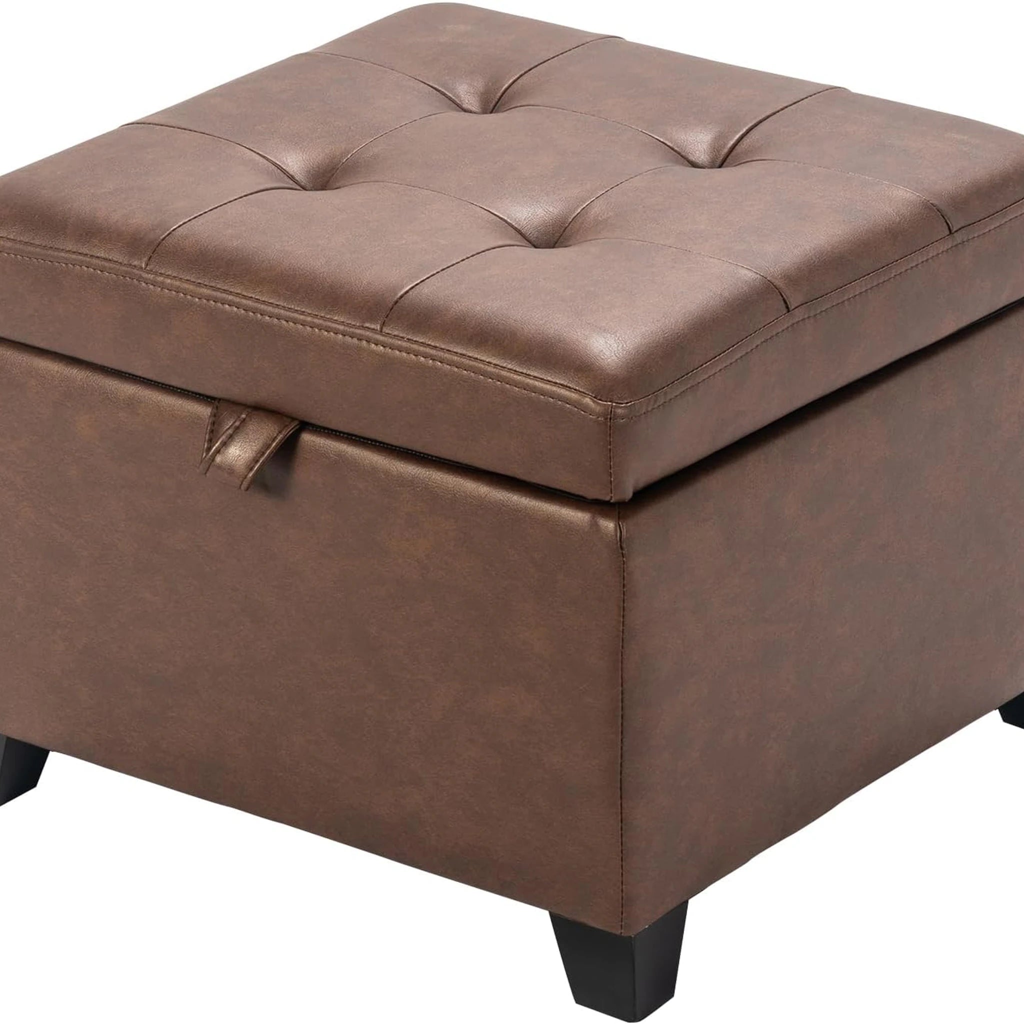 Adeco Reddish Brown With Wood Legs Tufted Faux Leather Square Storage Ottoman – styled home scene