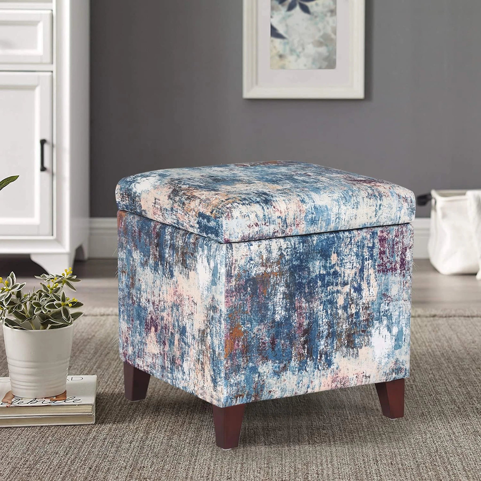 Adeco Reef And Sea Fabric Square Storage Ottoman – lifestyle room view