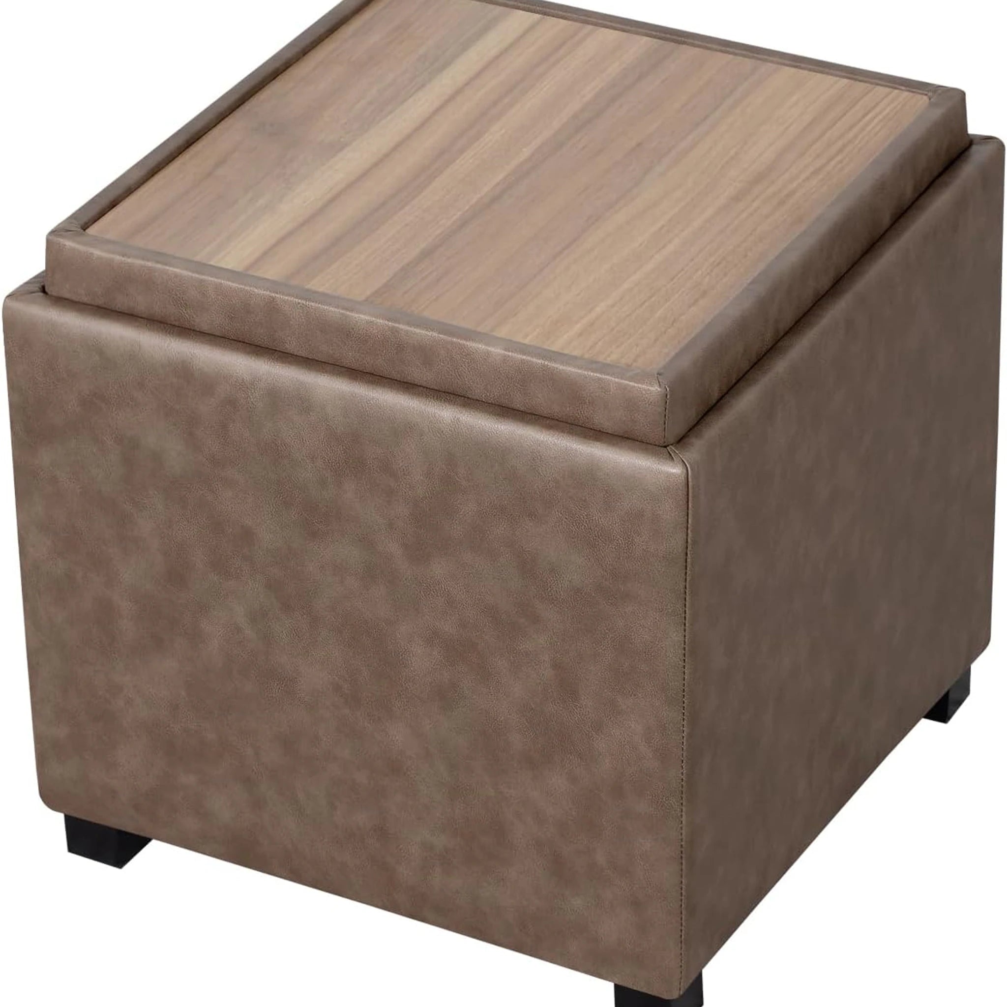 Adeco Taupe – Upgraded Version Tray-Top Faux Leather Square Storage Ottoman – styled home scene