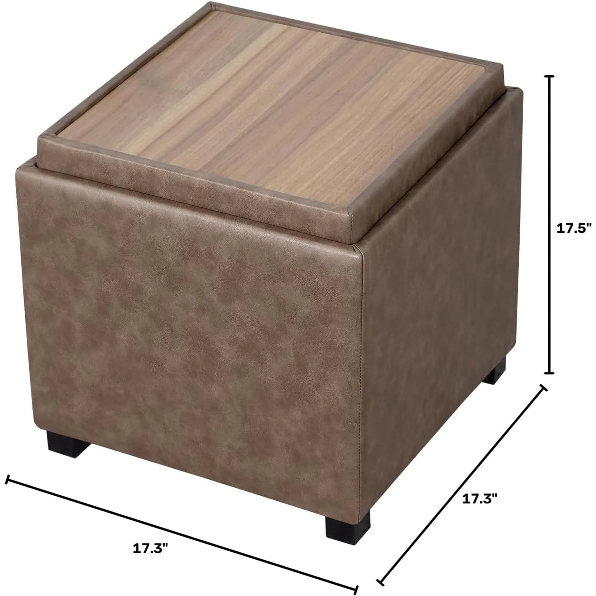 Adeco Taupe – Upgraded Version Tray-Top Faux Leather Square Storage Ottoman – dimensions chart