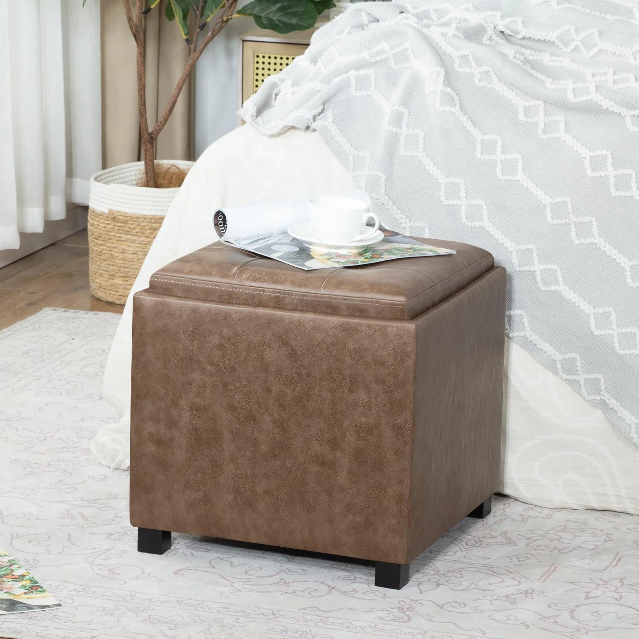 Adeco Taupe – Upgraded Version Tray-Top Faux Leather Square Storage Ottoman – lifestyle room view