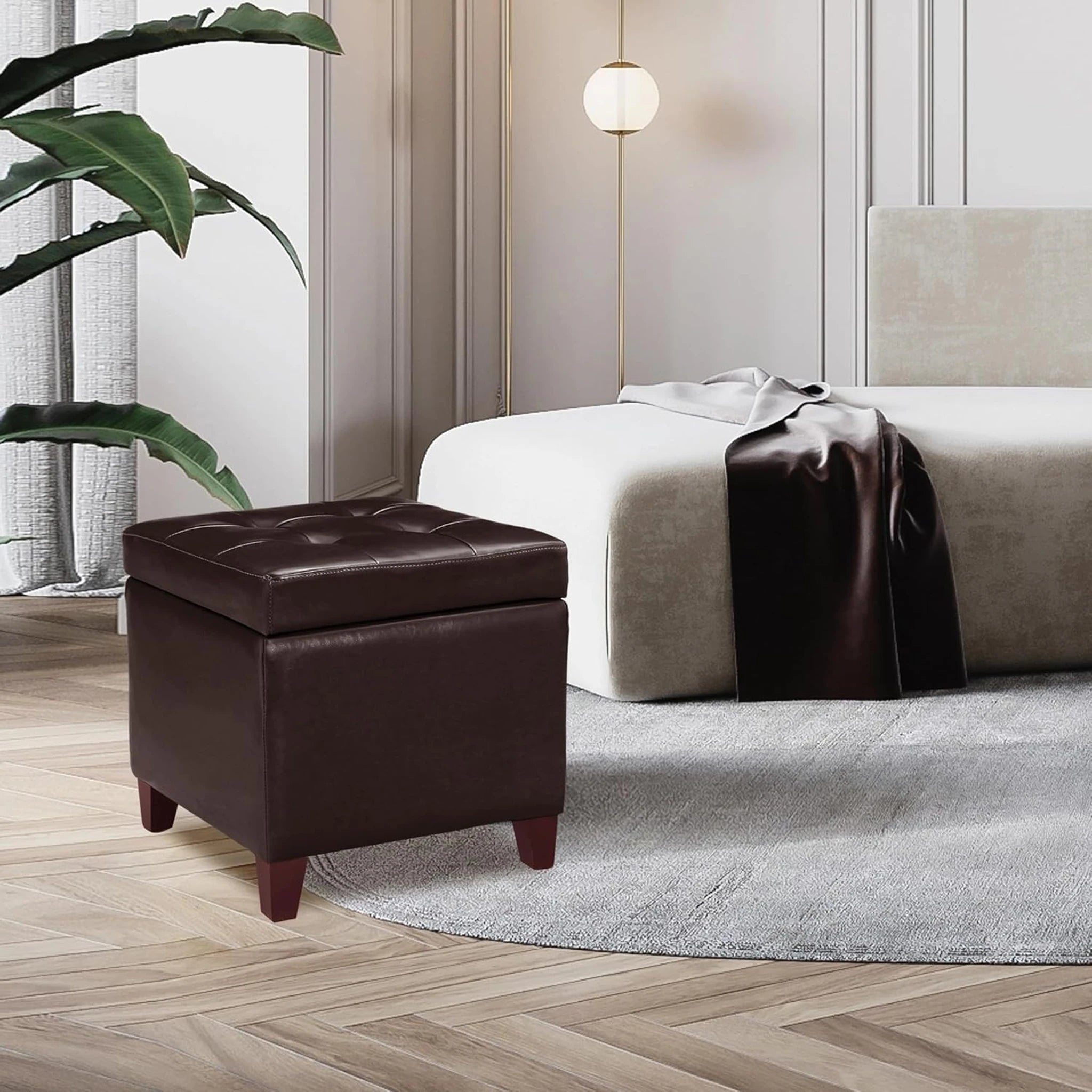 Adeco Vitage Brown Tufted Faux Leather Square Storage Ottoman – styled home scene