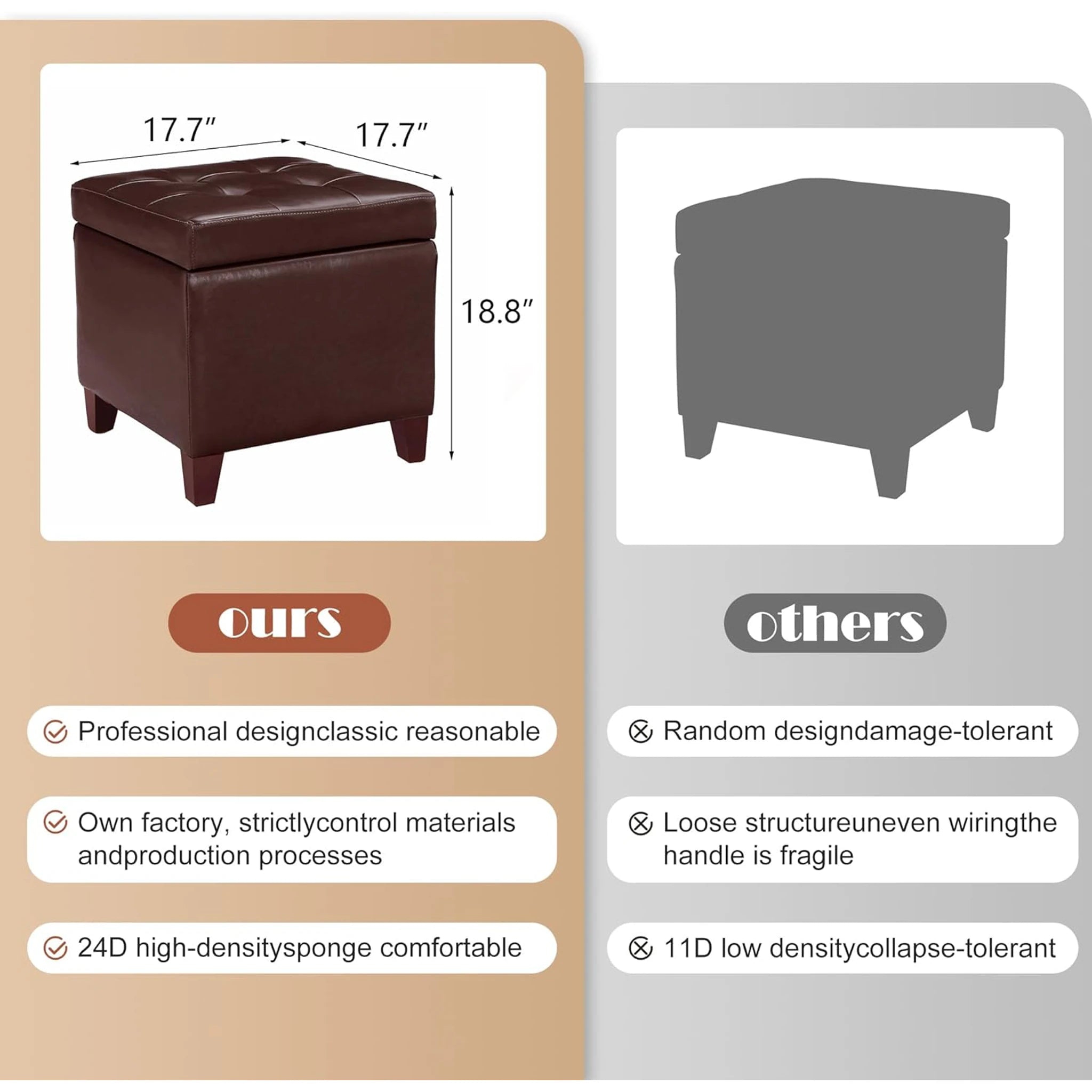 Adeco Vitage Brown Tufted Faux Leather Square Storage Ottoman – dimensions chart