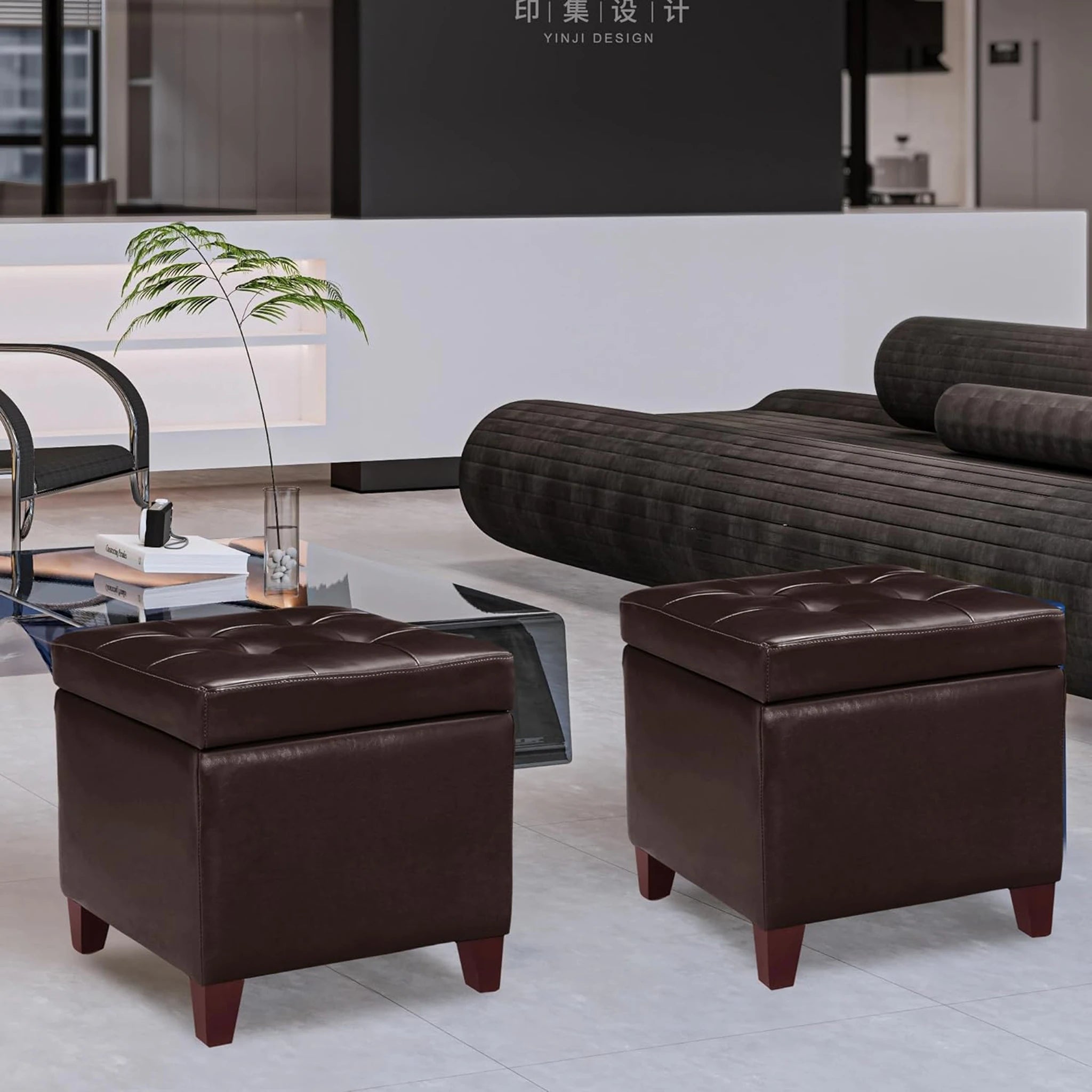 Adeco Vitage Brown Tufted Faux Leather Square Storage Ottoman – detail and materials view