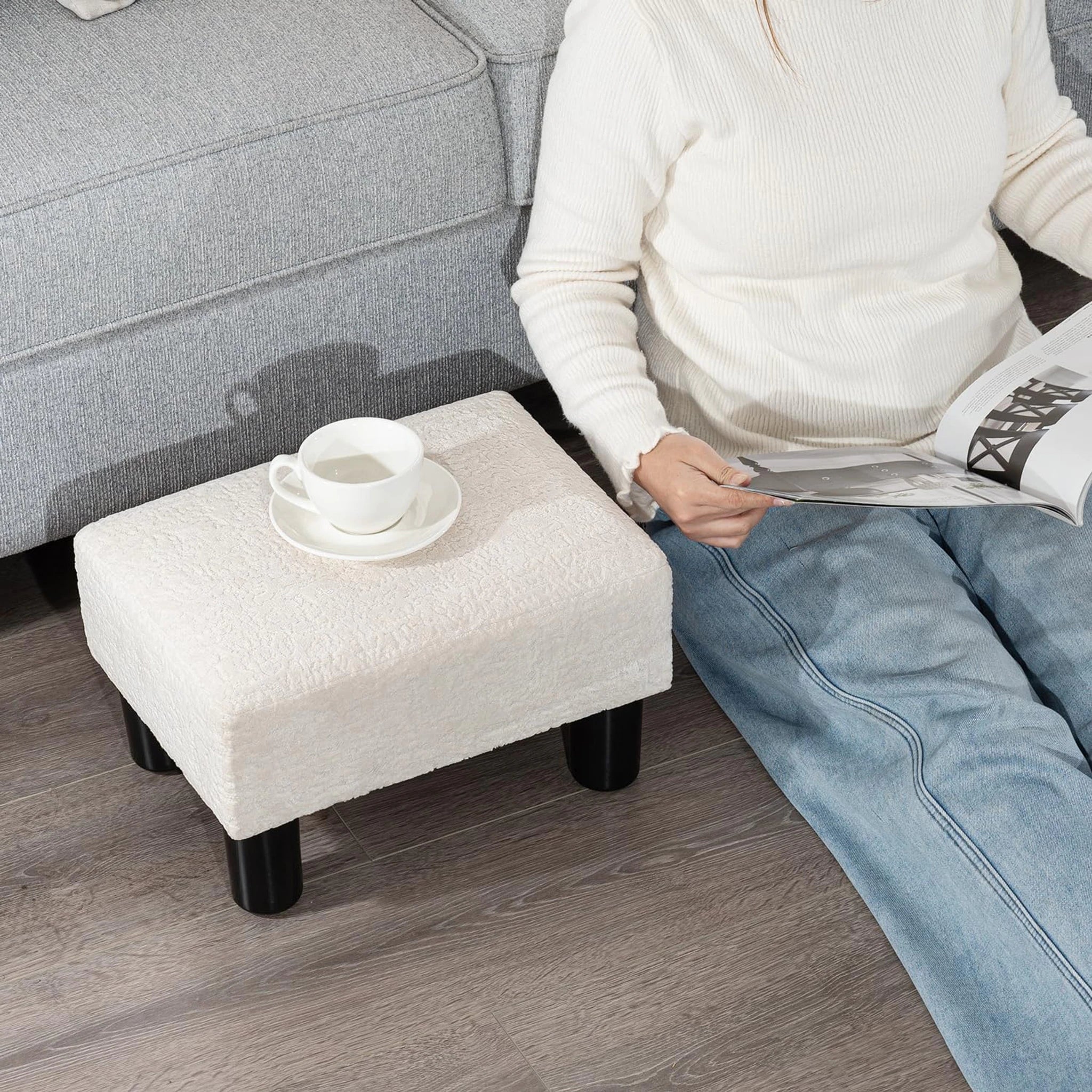 Adeco White Faux Leather Storage Ottoman – lifestyle room view