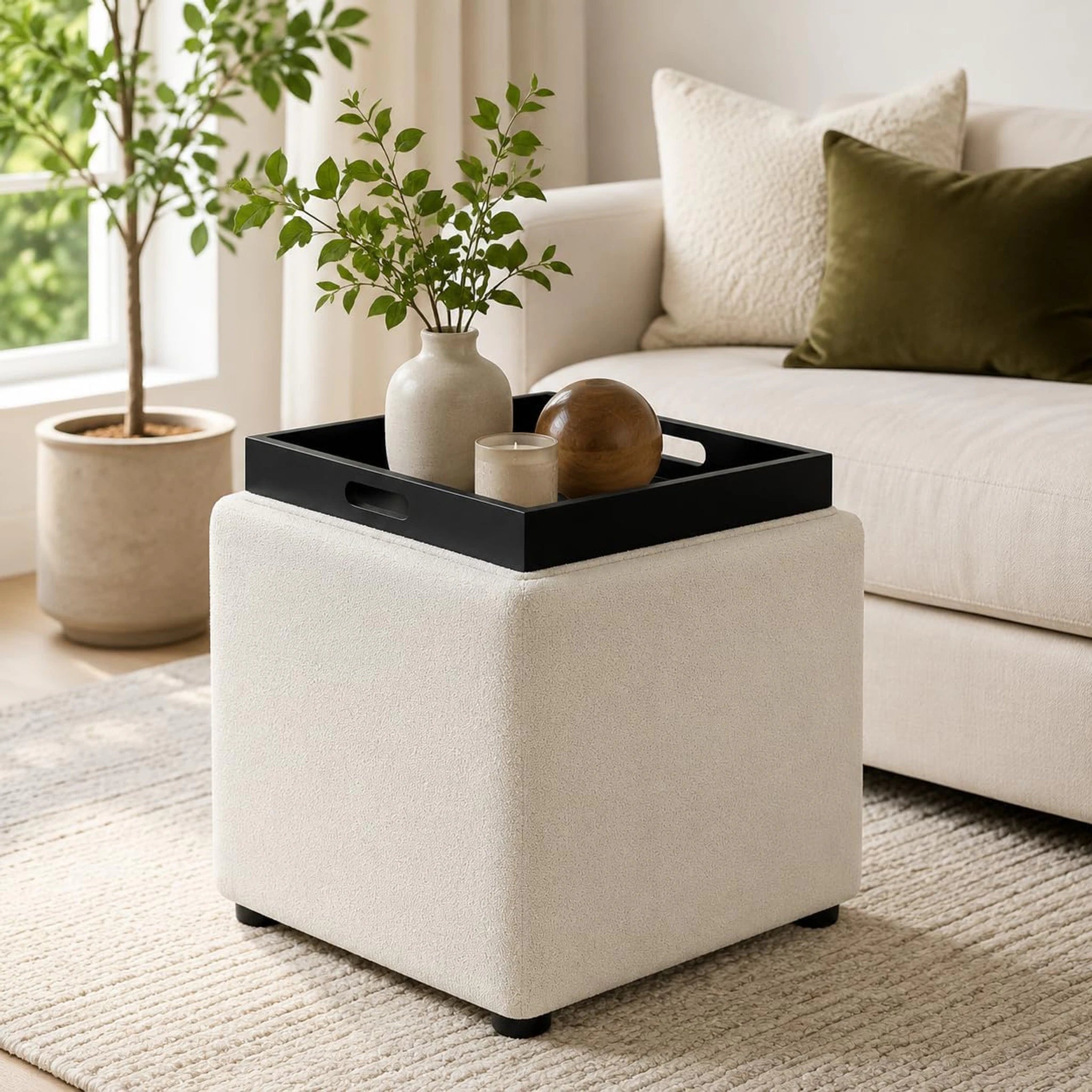 Adeco White With Tray Tray-Top Corduroy Storage Ottoman – styled home scene