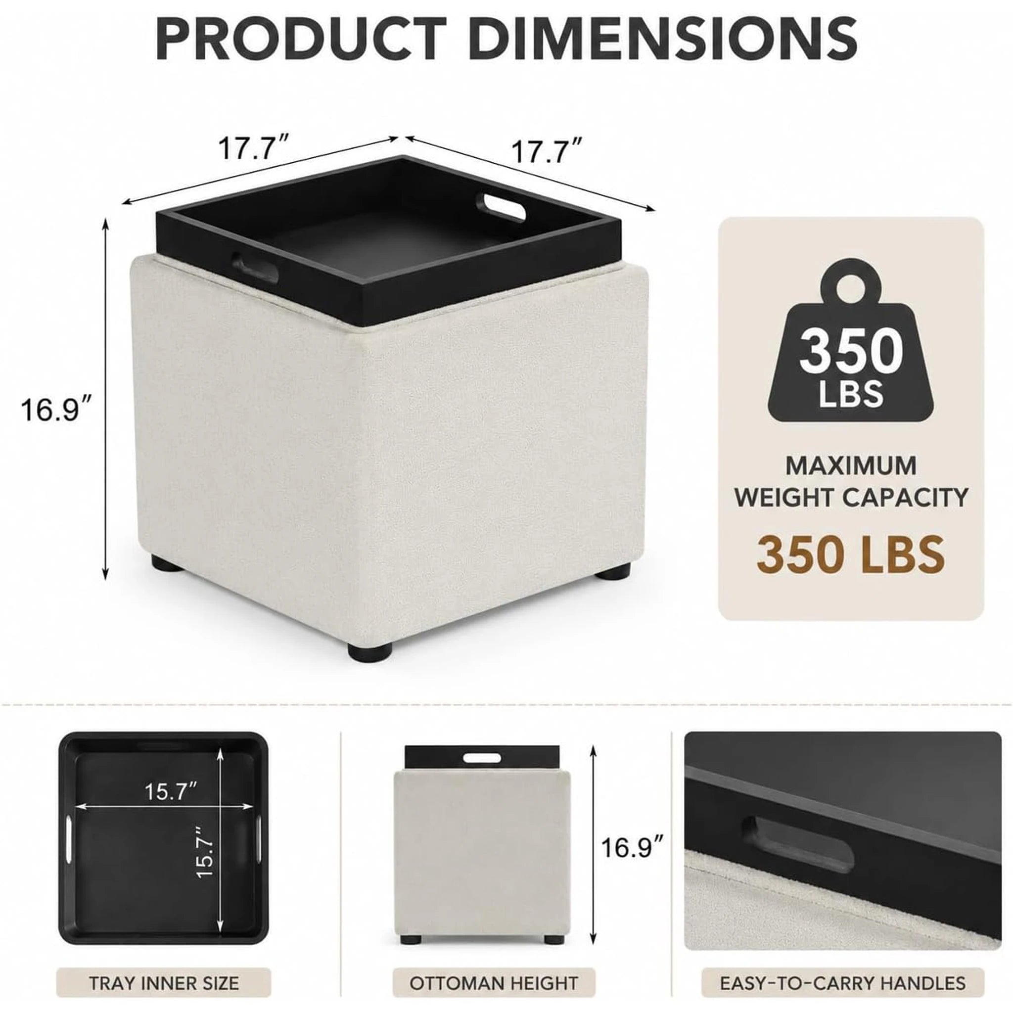Adeco White With Tray Tray-Top Corduroy Storage Ottoman – dimensions chart