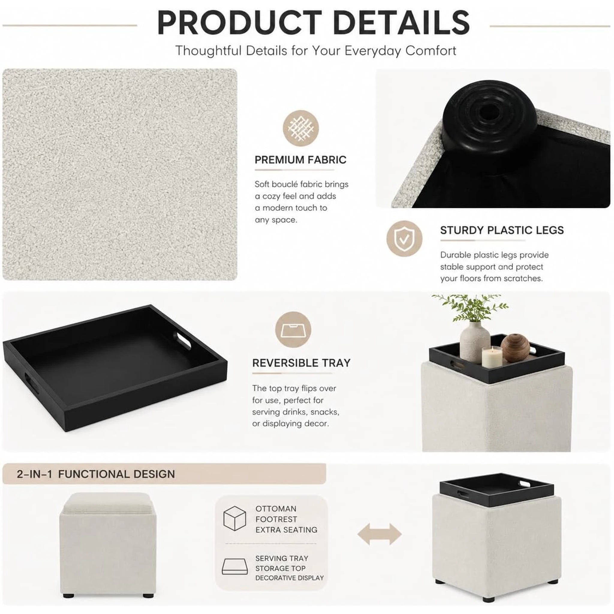 Adeco White With Tray Tray-Top Corduroy Storage Ottoman – detail and materials view