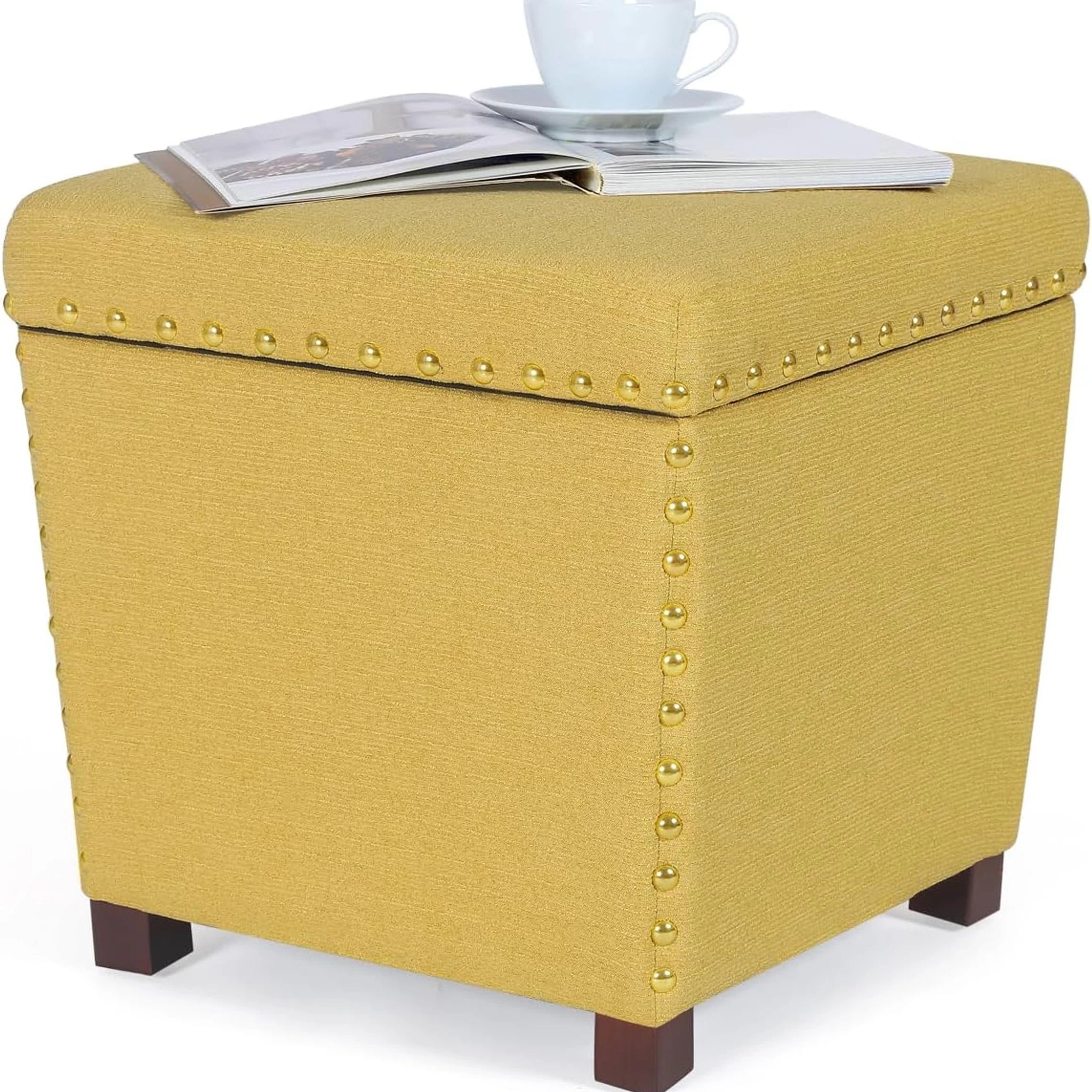 Adeco Yellow Lift-Top Fabric Square Storage Ottoman – styled home scene