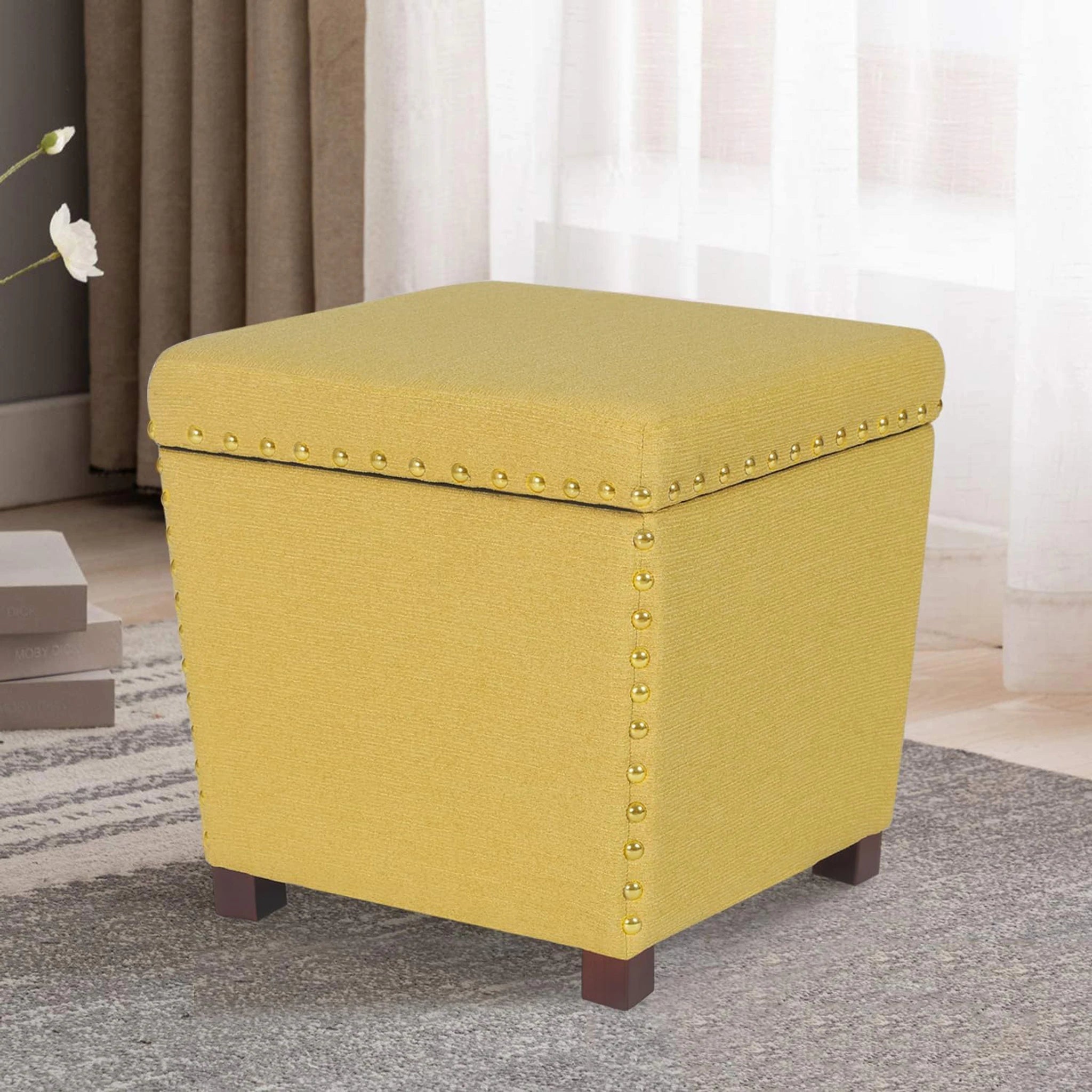 Adeco Yellow Lift-Top Fabric Square Storage Ottoman – lifestyle room view