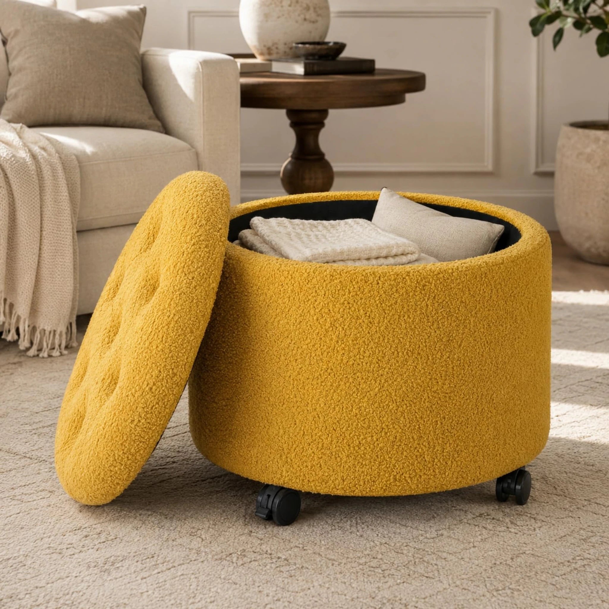 Adeco Yellow Teddy With Wheels Tufted Fabric Round Storage Ottoman – styled home scene