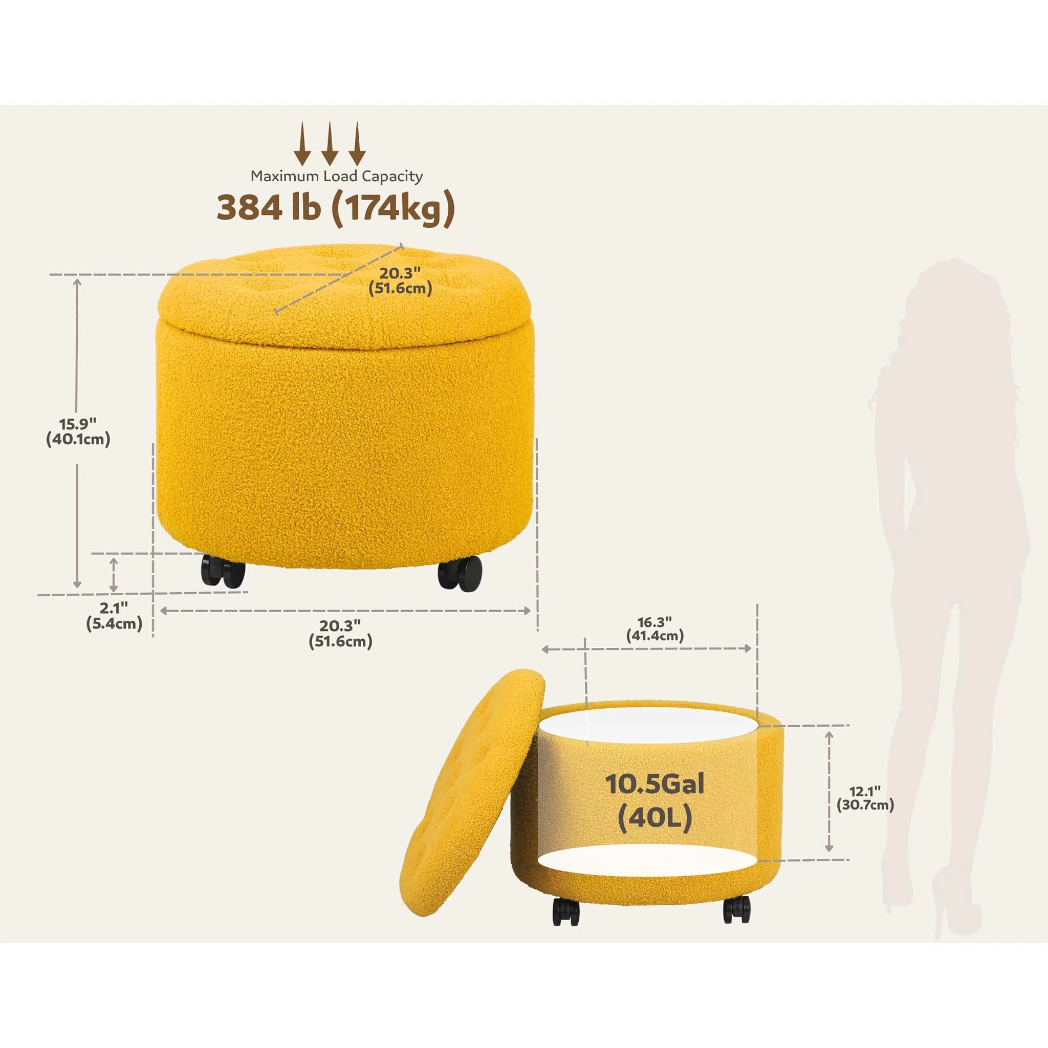 Adeco Yellow Teddy With Wheels Tufted Fabric Round Storage Ottoman – dimensions chart