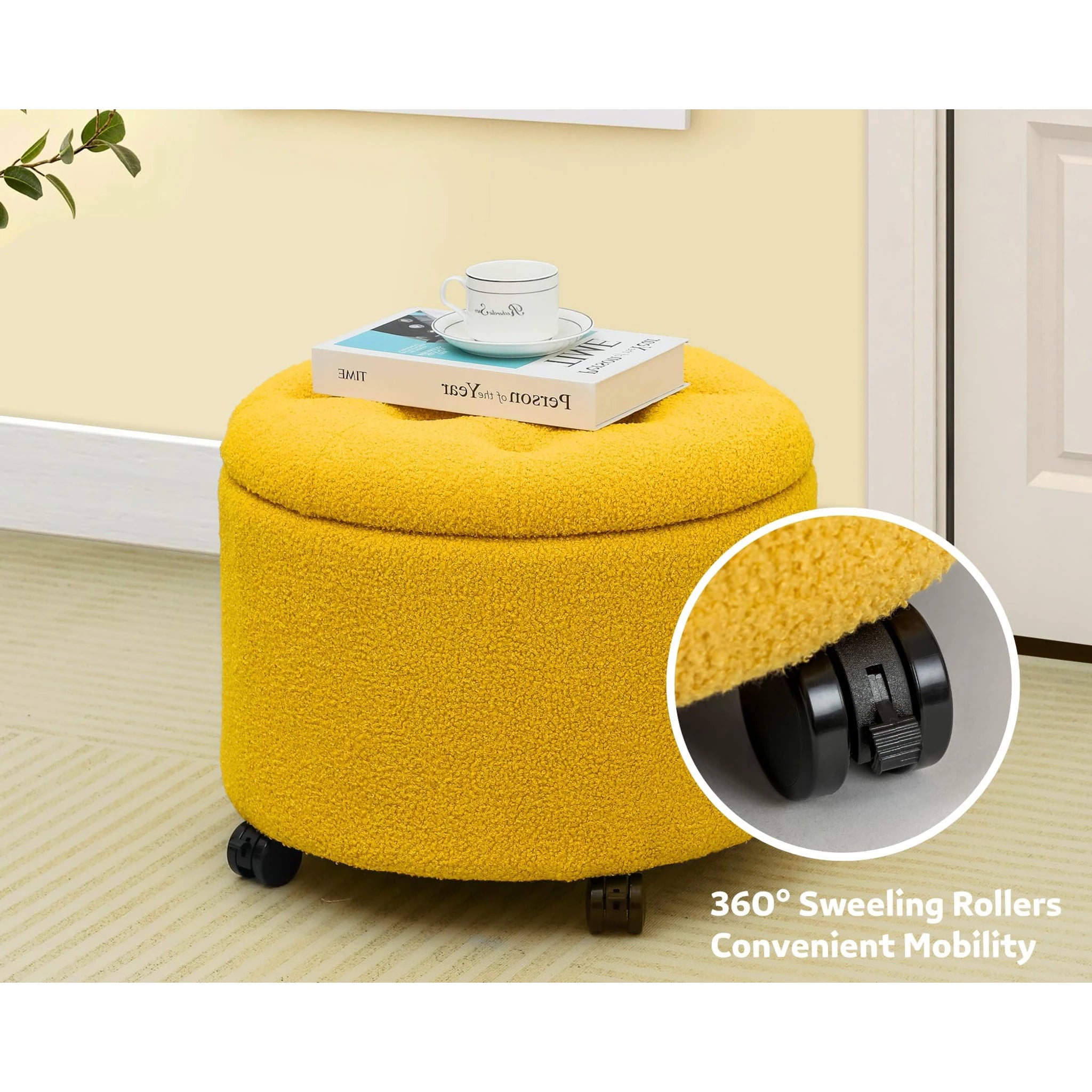 Adeco Yellow Teddy With Wheels Tufted Fabric Round Storage Ottoman – detail and materials view