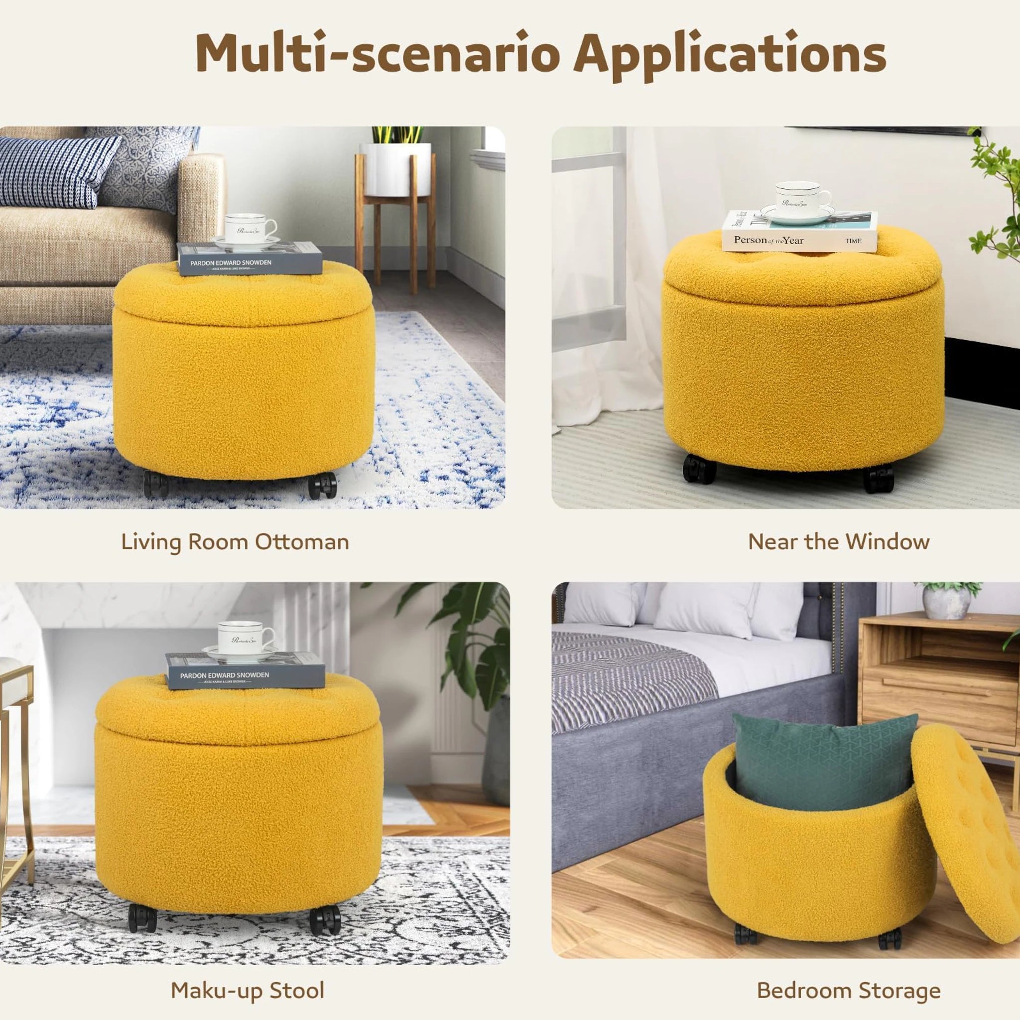 Adeco Yellow Teddy With Wheels Tufted Fabric Round Storage Ottoman – lifestyle room view