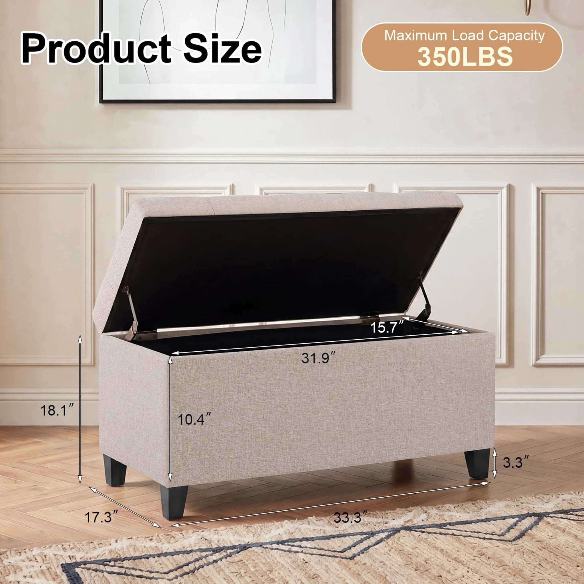 ASense Beige Fabric Storage Ottoman Bench – dimensions chart