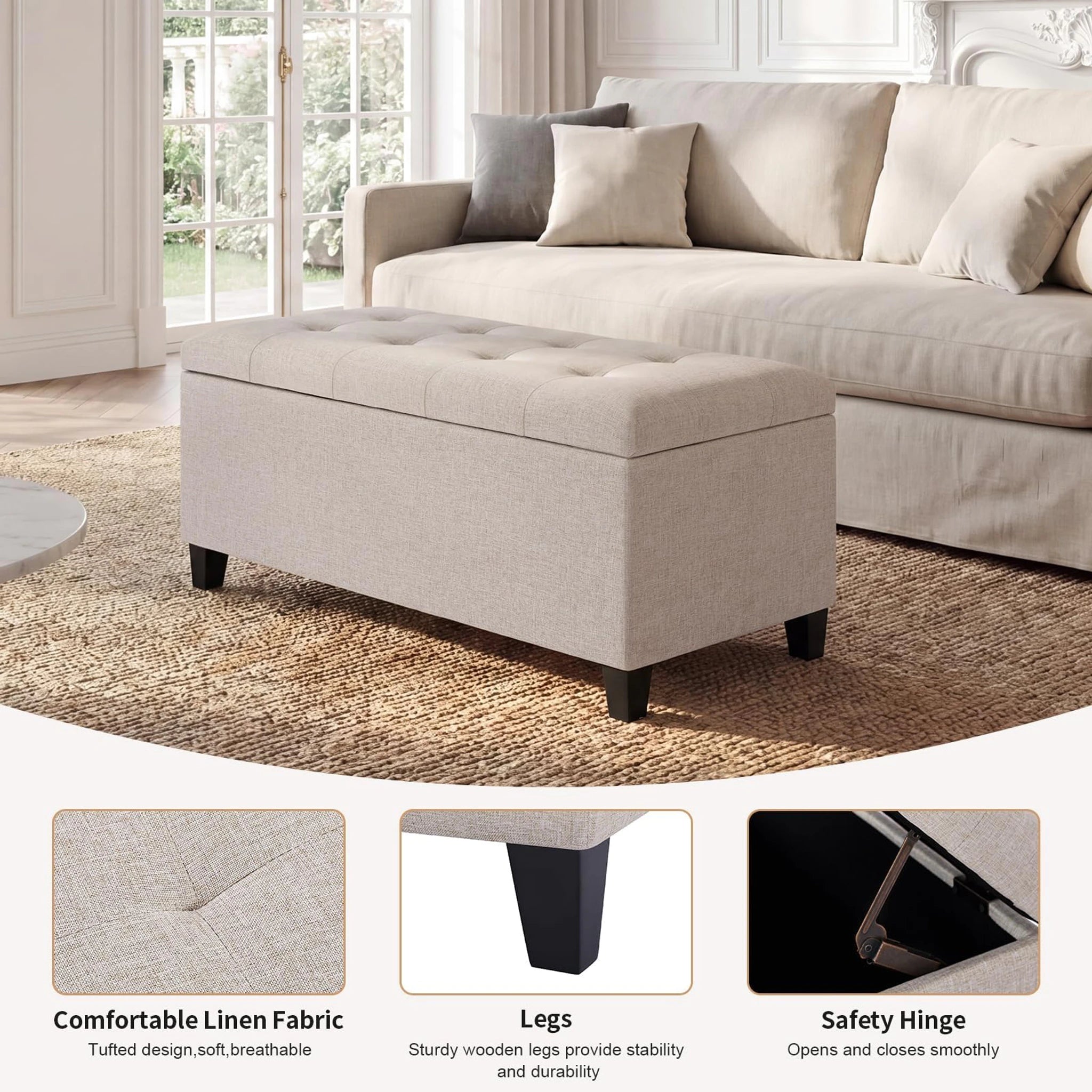 ASense Beige Fabric Storage Ottoman Bench – detail and materials view