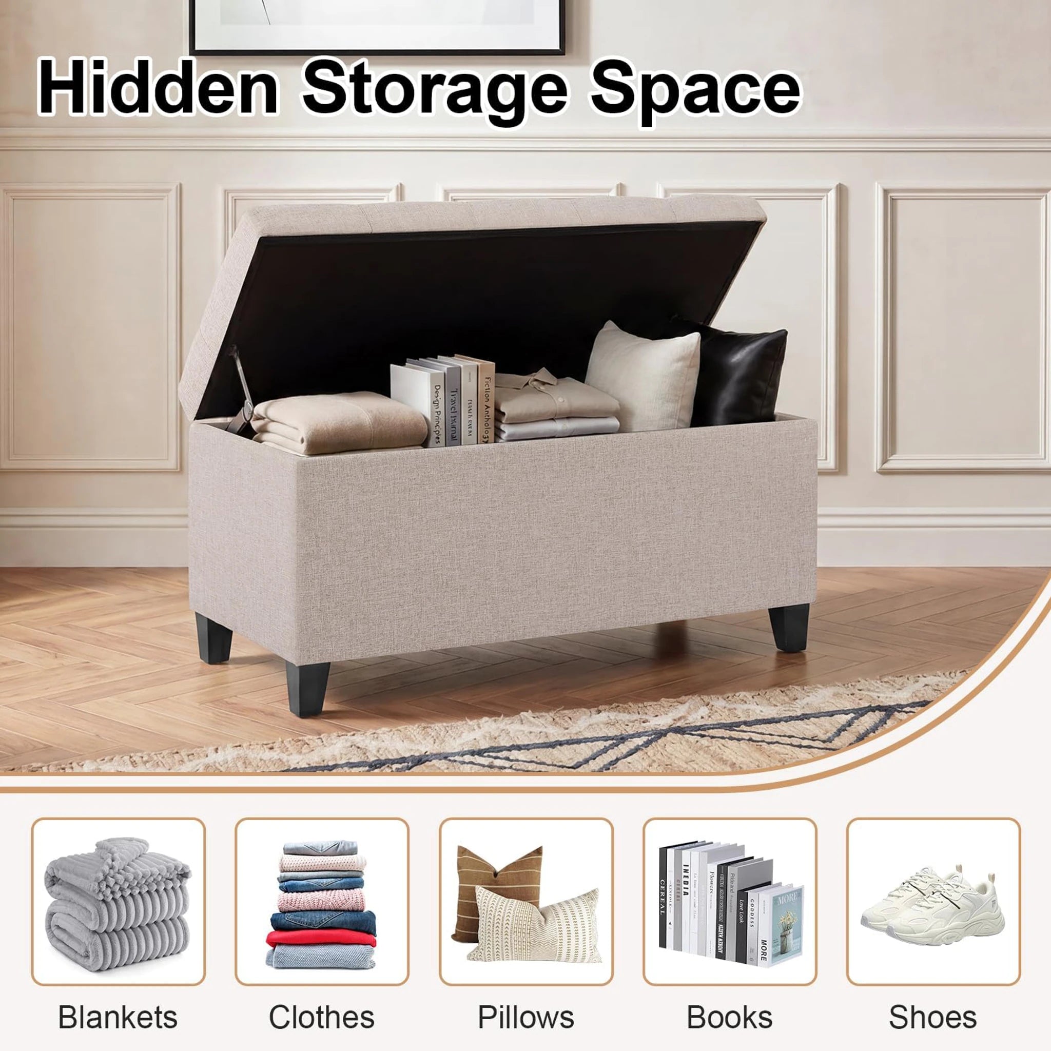 ASense Beige Fabric Storage Ottoman Bench – lifestyle room view