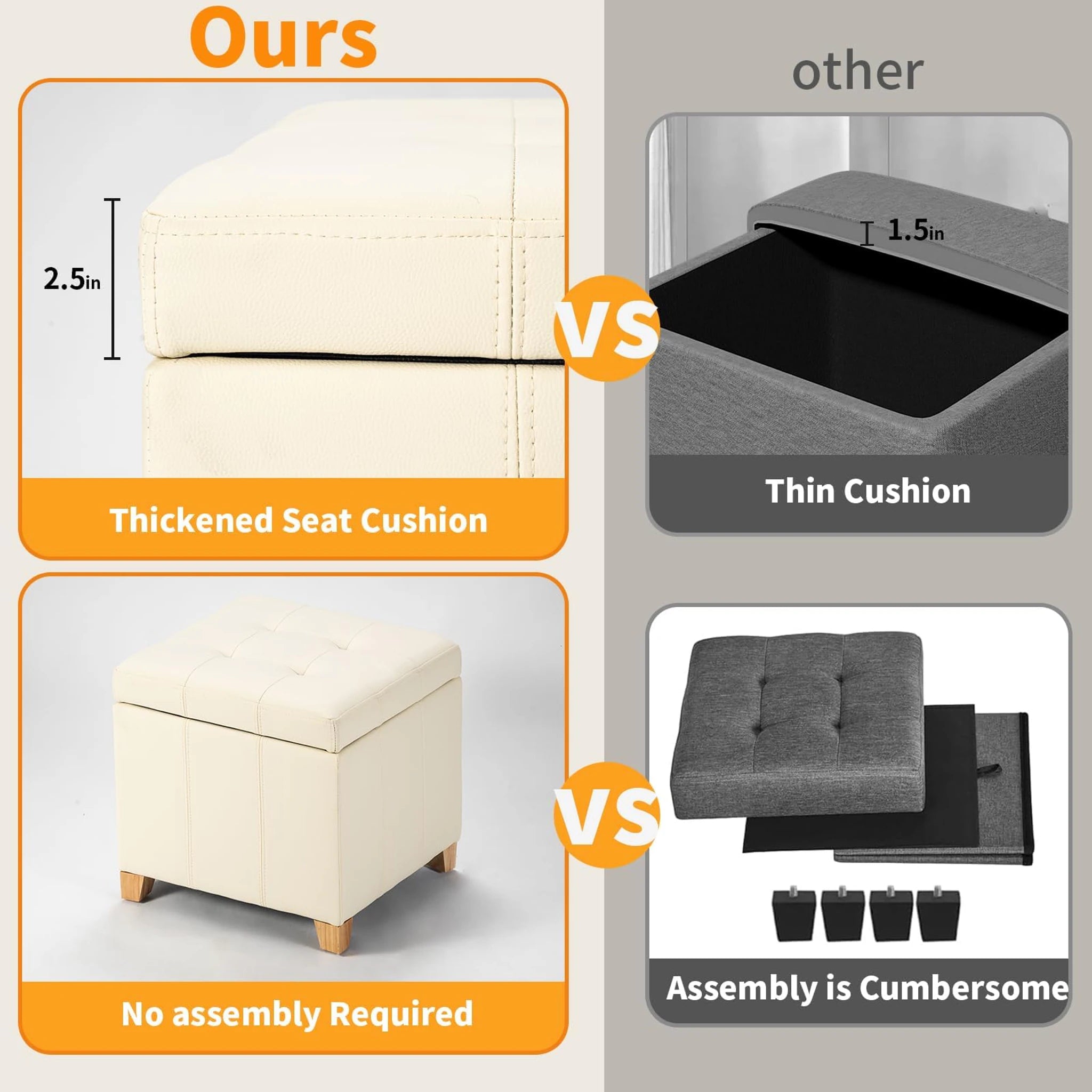 ASense Beige Faux Leather Square Storage Ottoman – detail and materials view