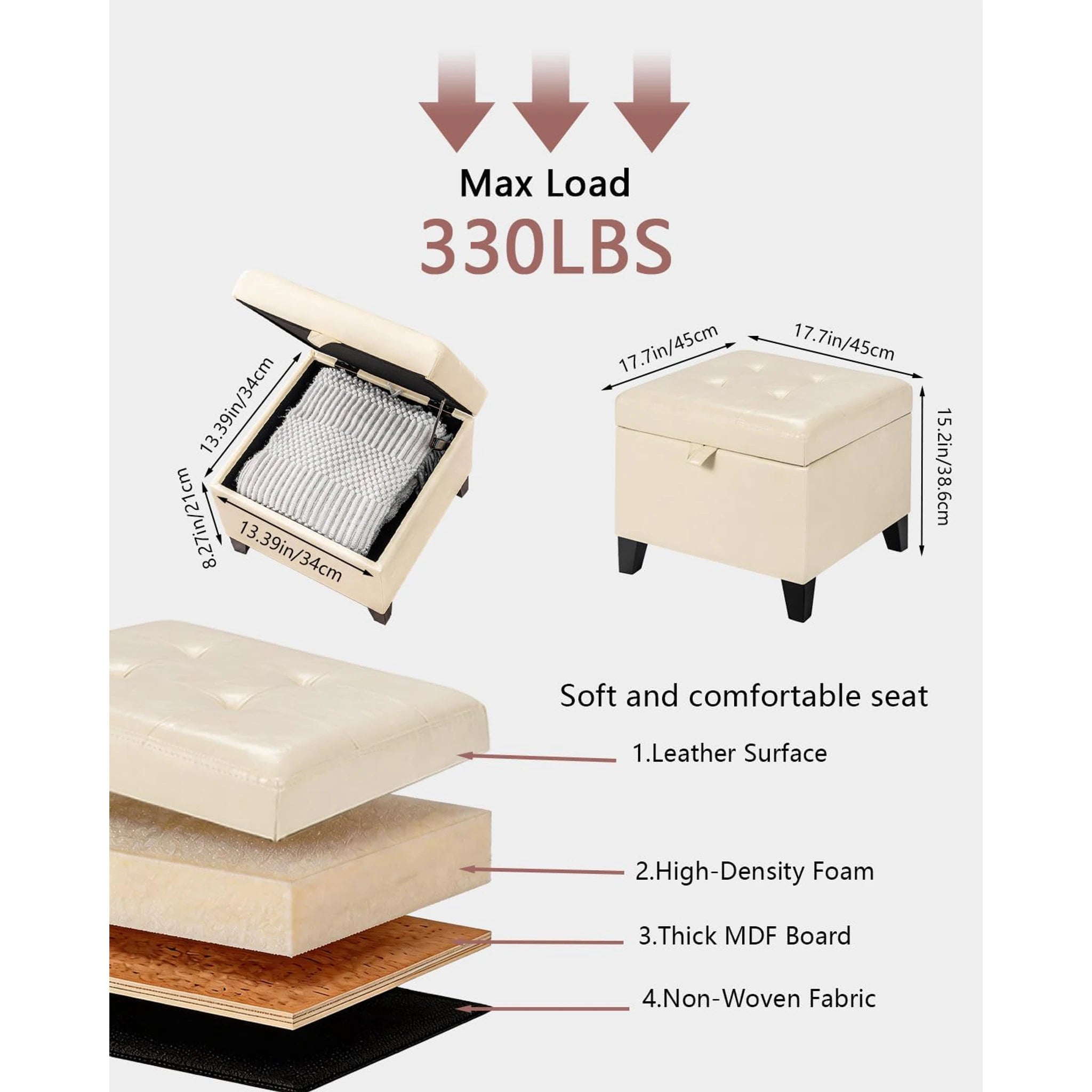 ASense Beige Faux Leather Storage Ottoman – dimensions chart