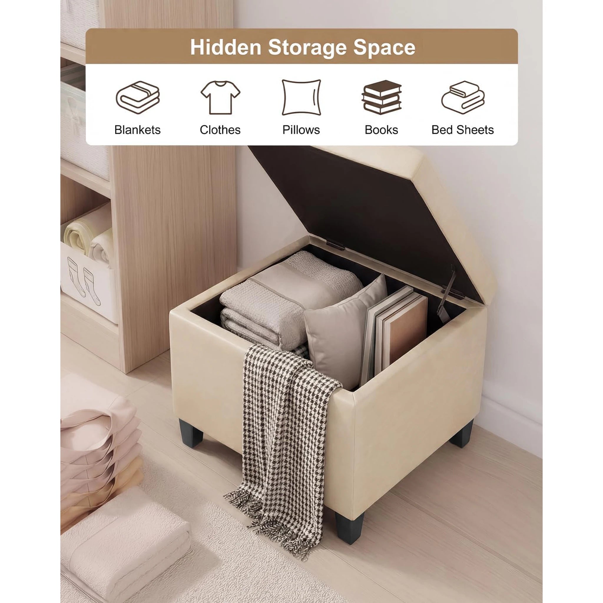 ASense Beige Faux Leather Storage Ottoman – detail and materials view
