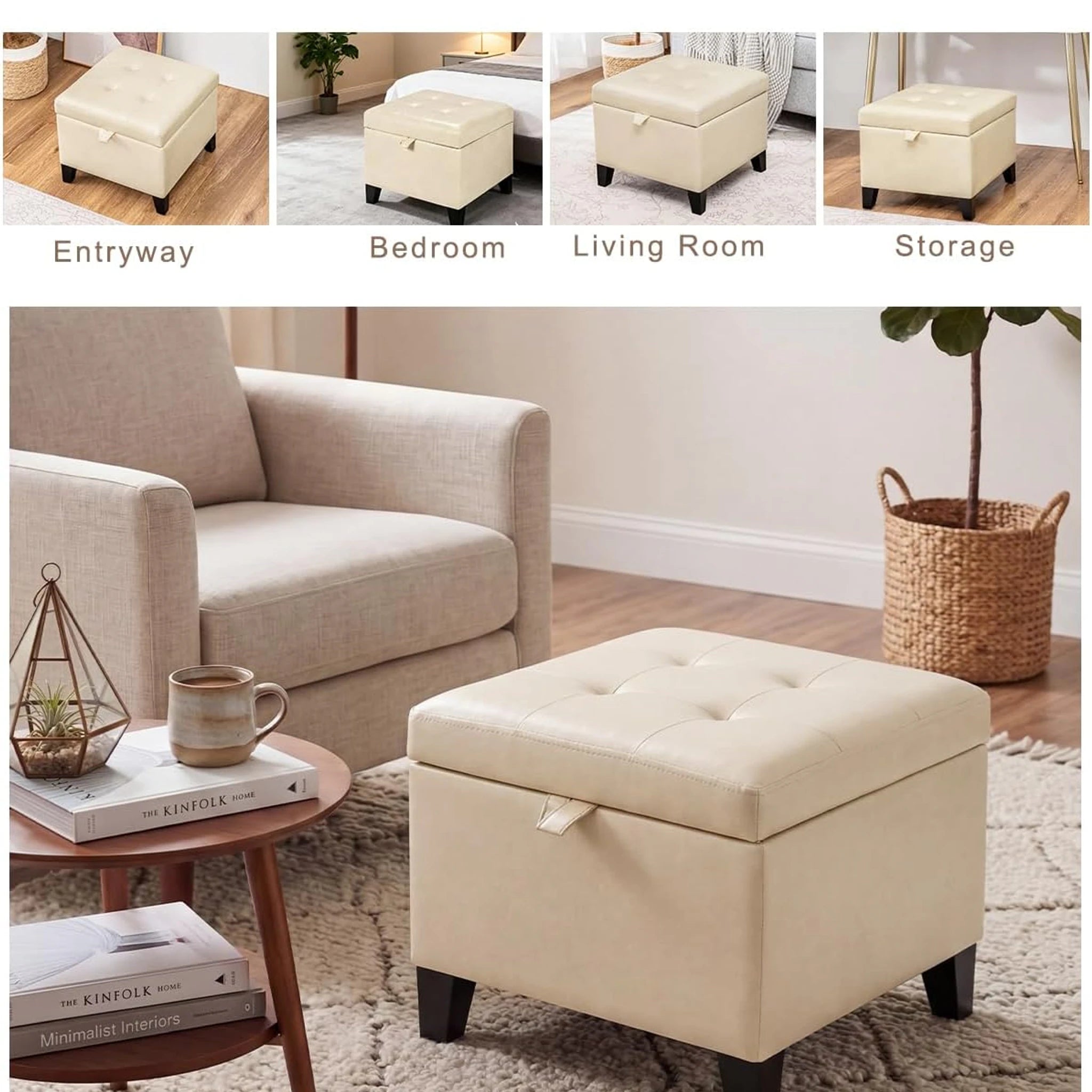 ASense Beige Faux Leather Storage Ottoman – lifestyle room view