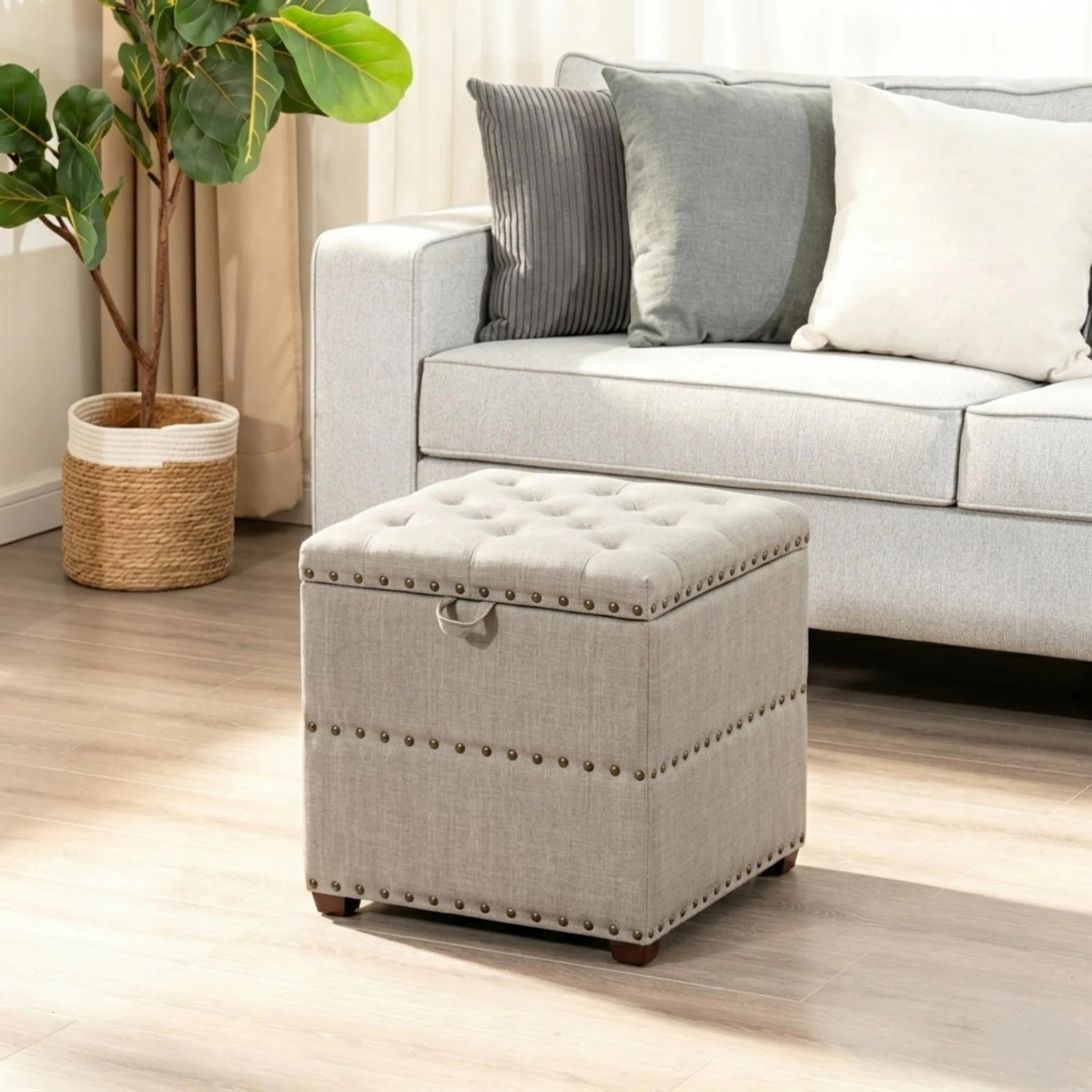 ASense Beige Tray-Top Tufted Fabric Square Storage Ottoman – styled home scene