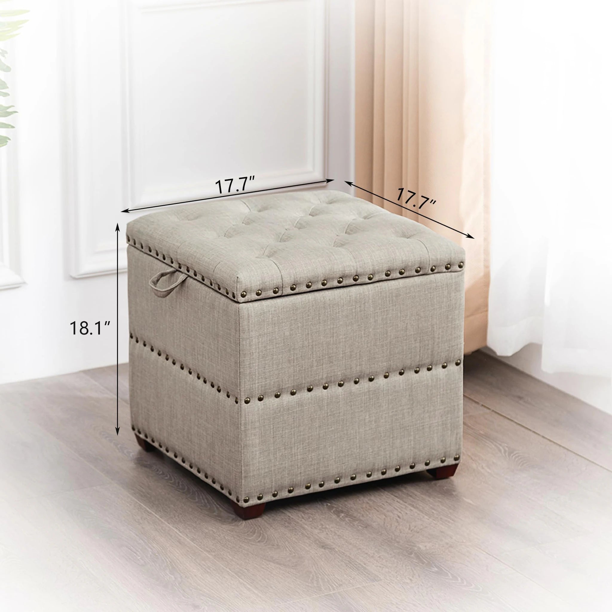ASense Beige Tray-Top Tufted Fabric Square Storage Ottoman – dimensions chart