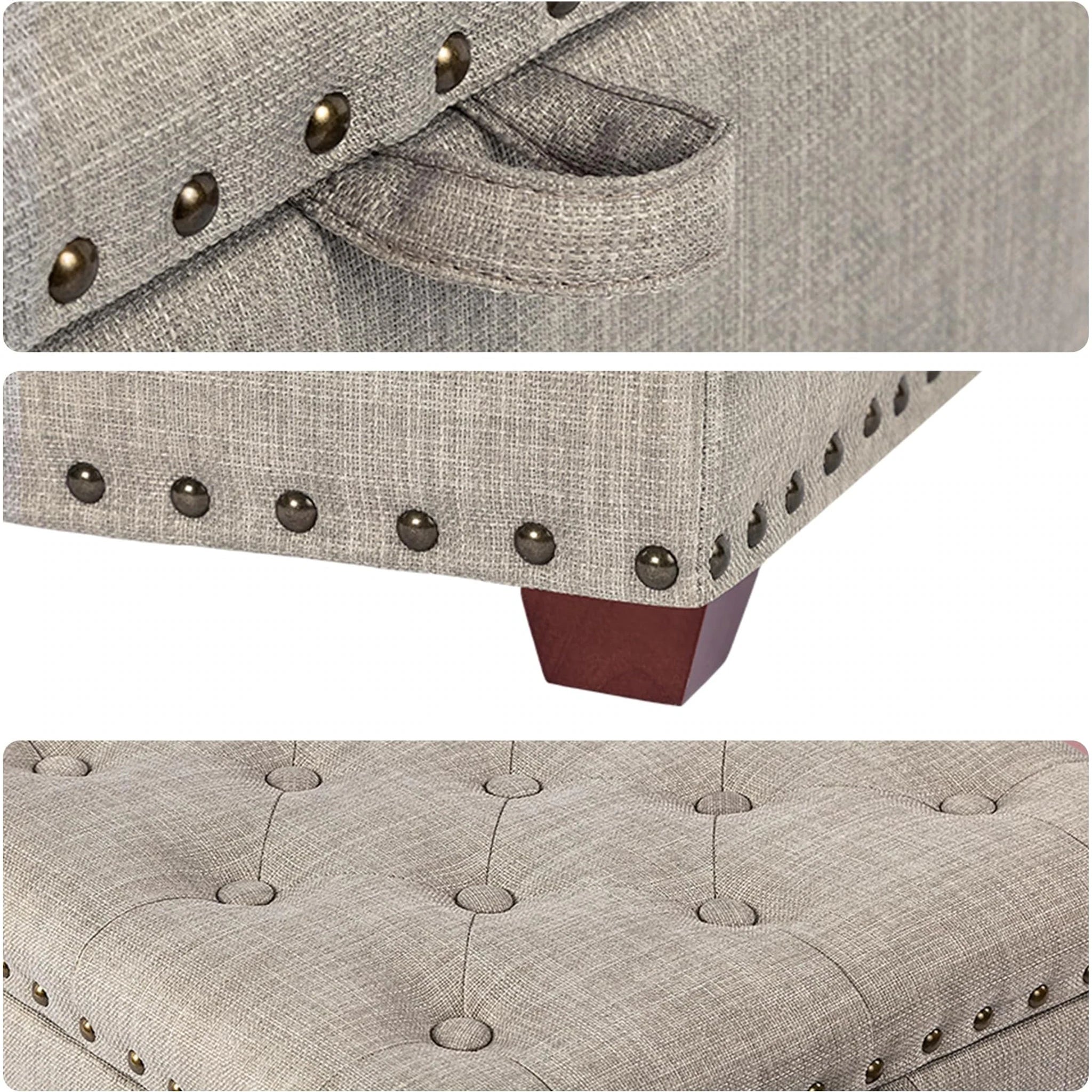 ASense Beige Tray-Top Tufted Fabric Square Storage Ottoman – detail and materials view
