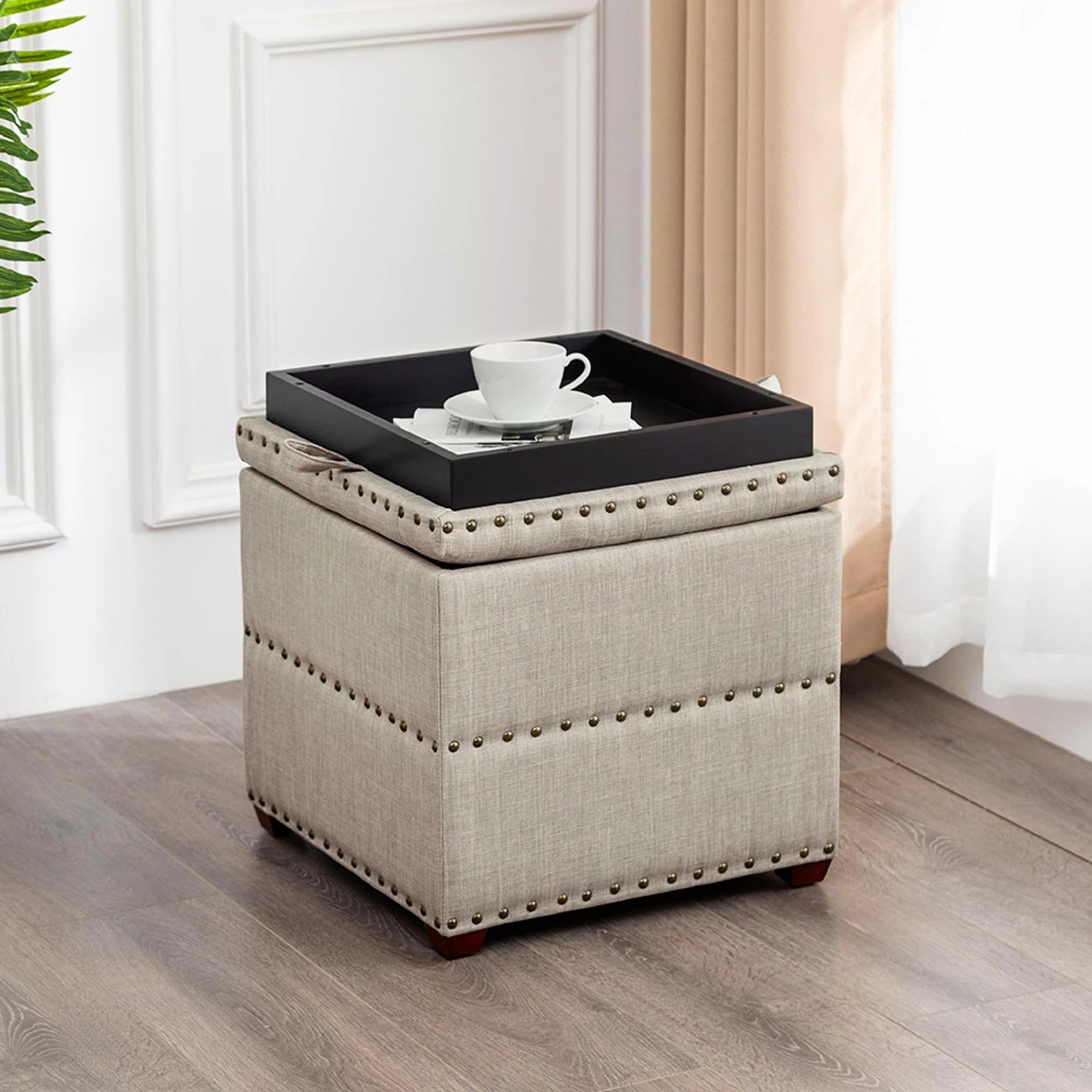 ASense Beige Tray-Top Tufted Fabric Square Storage Ottoman – lifestyle room view
