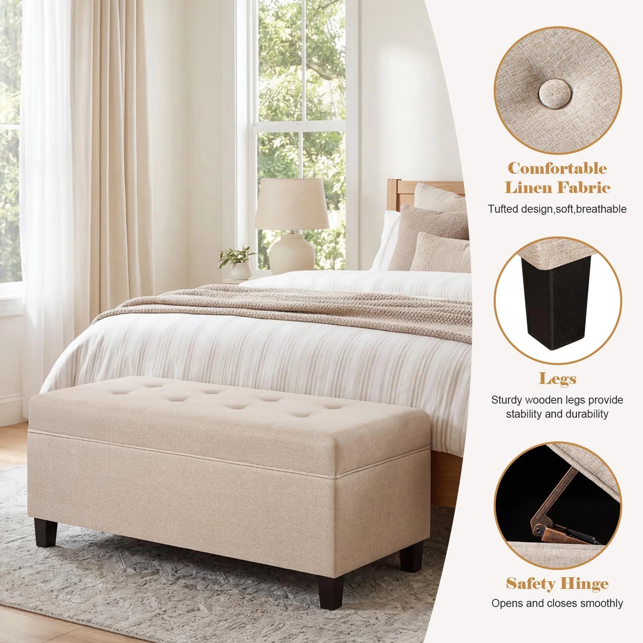 ASense Beige Tufted Linen Storage Ottoman – detail and materials view