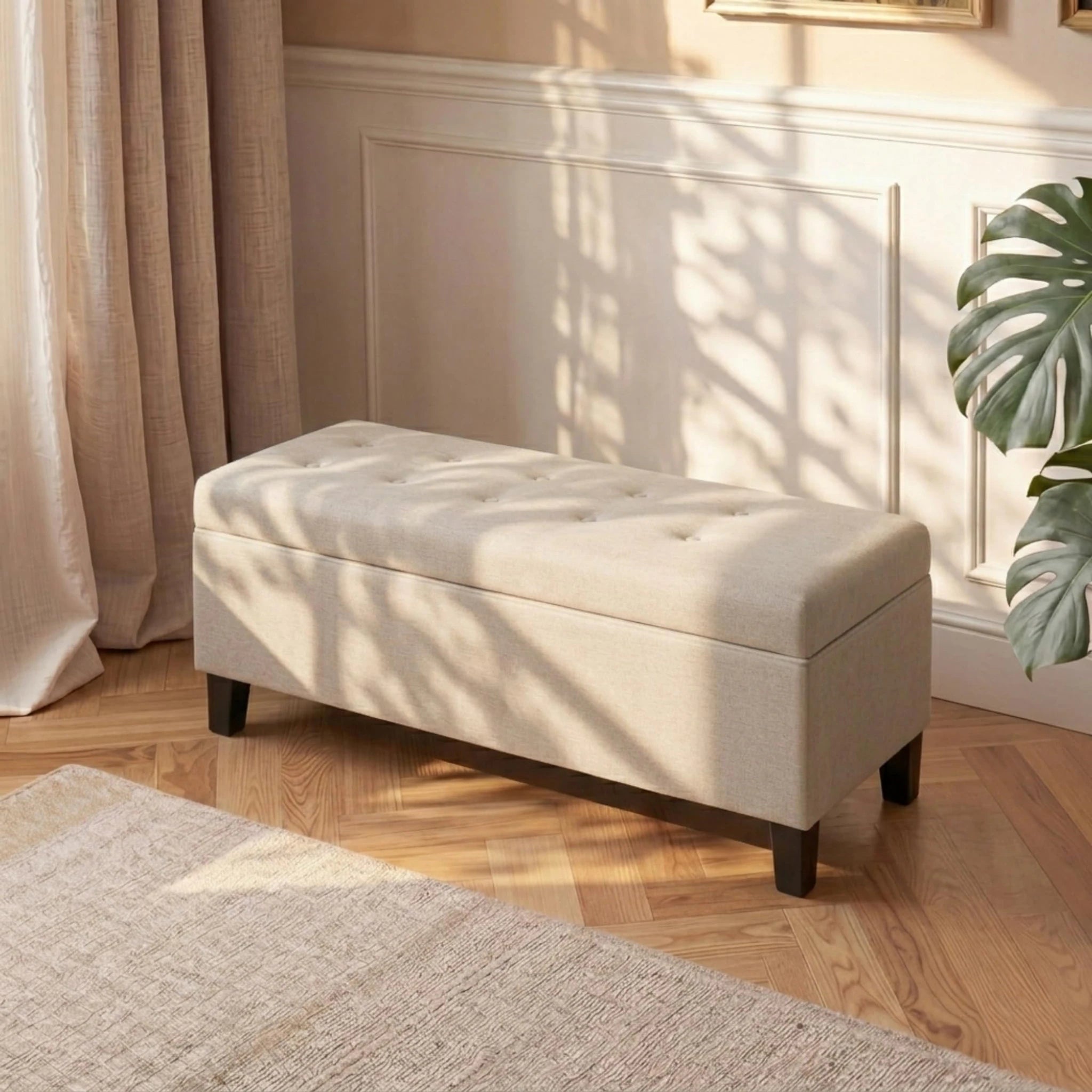 ASense Beige Tufted Linen Storage Ottoman Bench – styled home scene