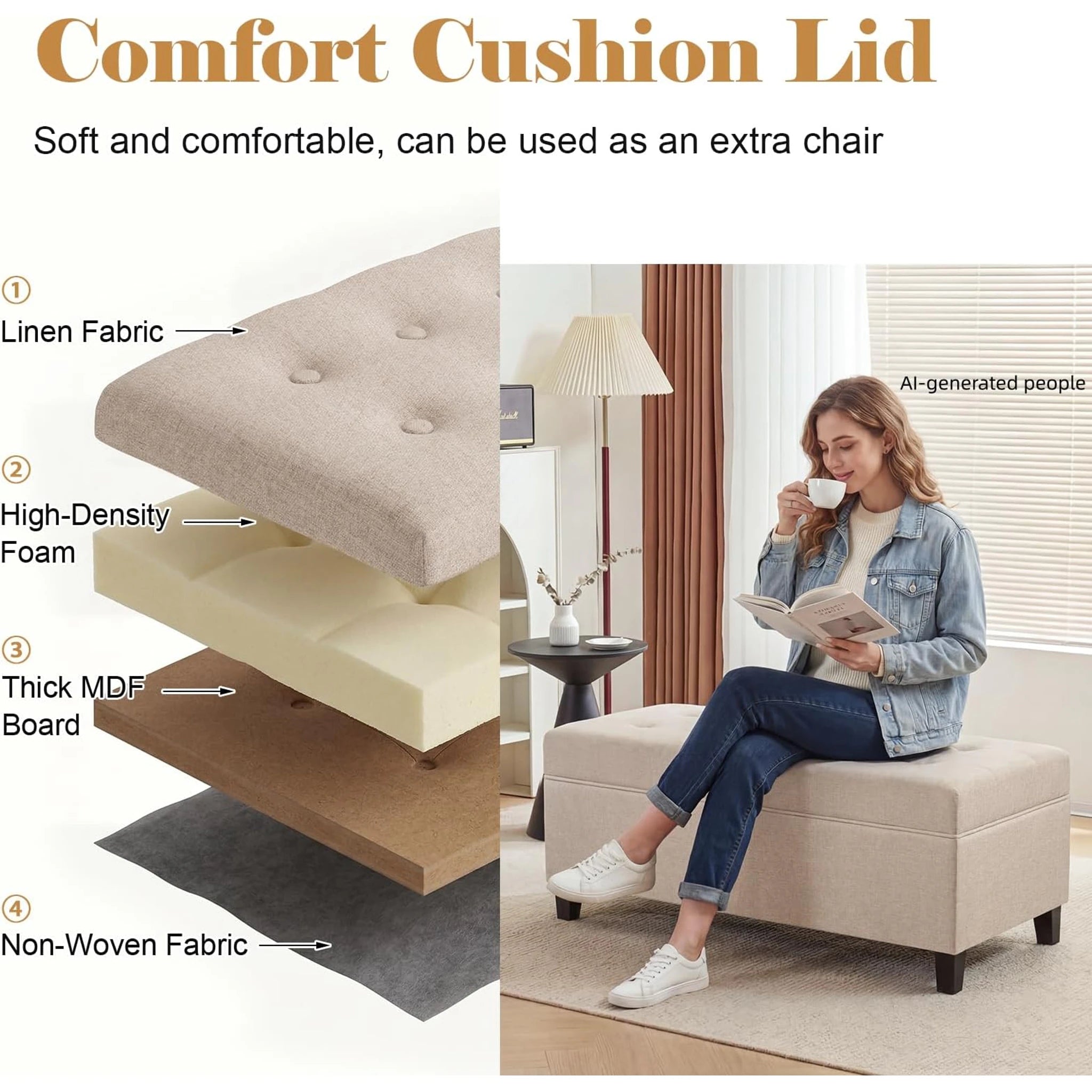 ASense Beige Tufted Linen Storage Ottoman Bench – detail and materials view