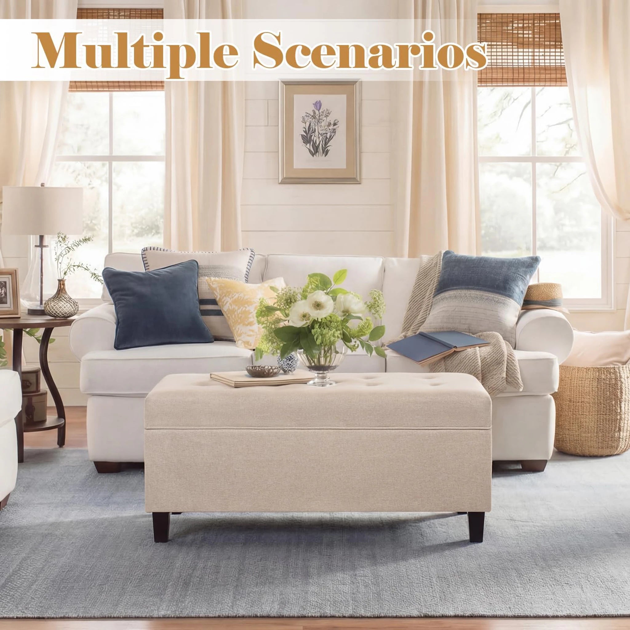 ASense Beige Tufted Linen Storage Ottoman Bench – lifestyle room view